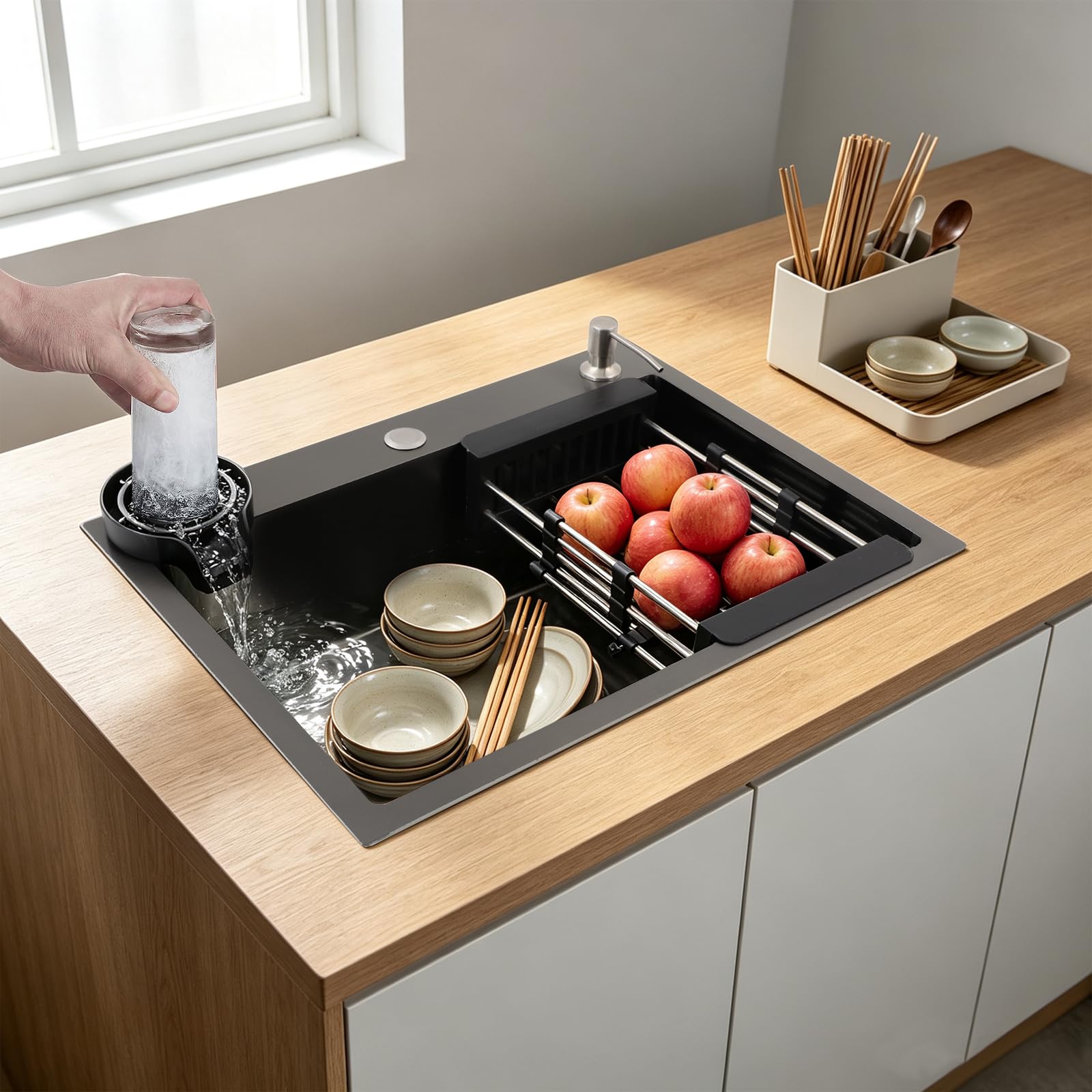 Lavello da cucina da incasso, 60 x 45 cm, in acciaio inox, con rubinetteria