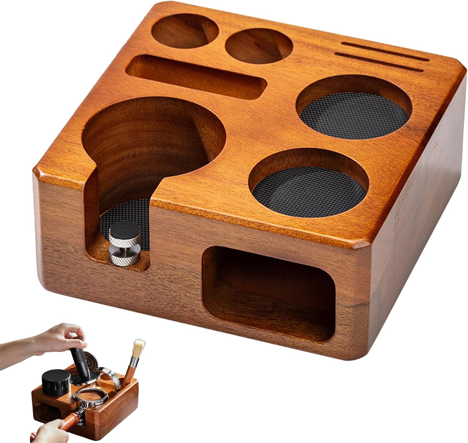 Espresso Tamping Station, Adjustable Walnut Coffee Station Organizer Compatible with 51mm 54mm Portafilter, Wood Tamper Holder for Espresso Machine Accessories Storage