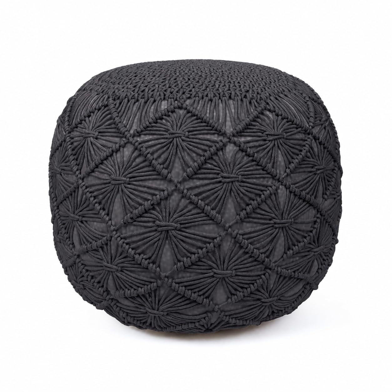 Cotton Macrame Pouf Ottoman 20x20x14 Grey Handwoven Dori Footrest Stool