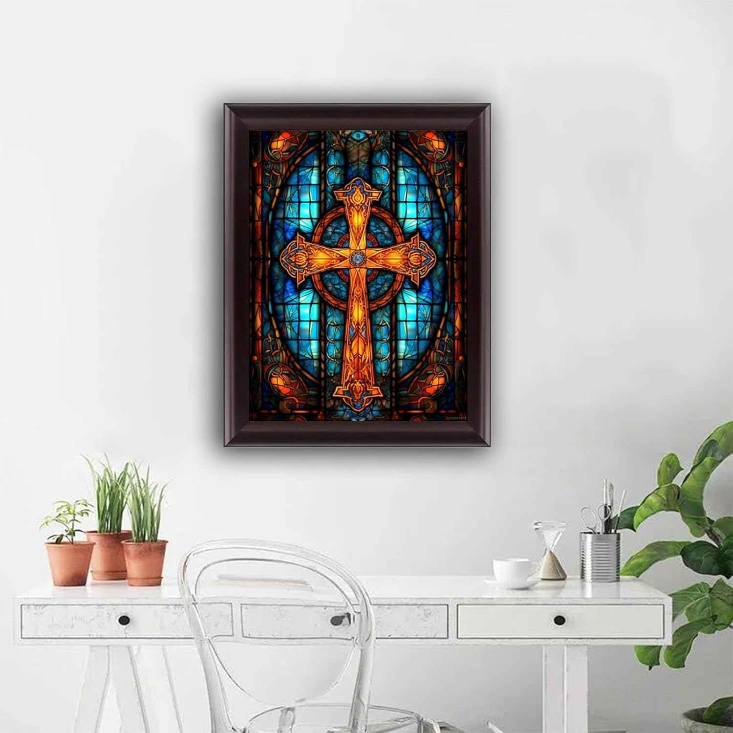 TUTUMAY21 Stained Glass Art Cross Diamond Painting Kits for Adults, Cross Diamond Painting, Full Drill Crystal Rhinestone Craft Kits Home Wall Decor 12x16inch
