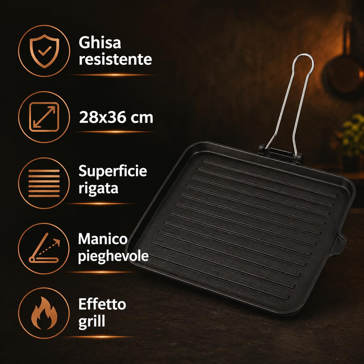 Bistecchiera ghisa per fornello rettangolare 28x36 cm piastra di ghisa rigata con manico pieghevole, ideale per carne verdure panini e cottura grill in cucina
