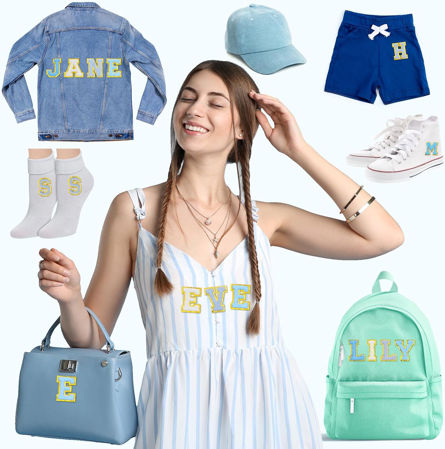 Fanfanwin 105 Pcs Chenille Letter Patches Self Adhesive Iron on Colorful Chenille Embroidered Patches with Gold Glitter Jean Stickers for Clothing Hat Backpack Bag Jacket (Blue Gradient Series)