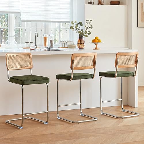 Natural Rattan Bar Stools Set of 3 with Solid Wood Back, 24 Inch Mid Century Modern Counter Height Stools, Green Upholstery Boho Stool for Kitchen Counter with Chrome Metal Legs