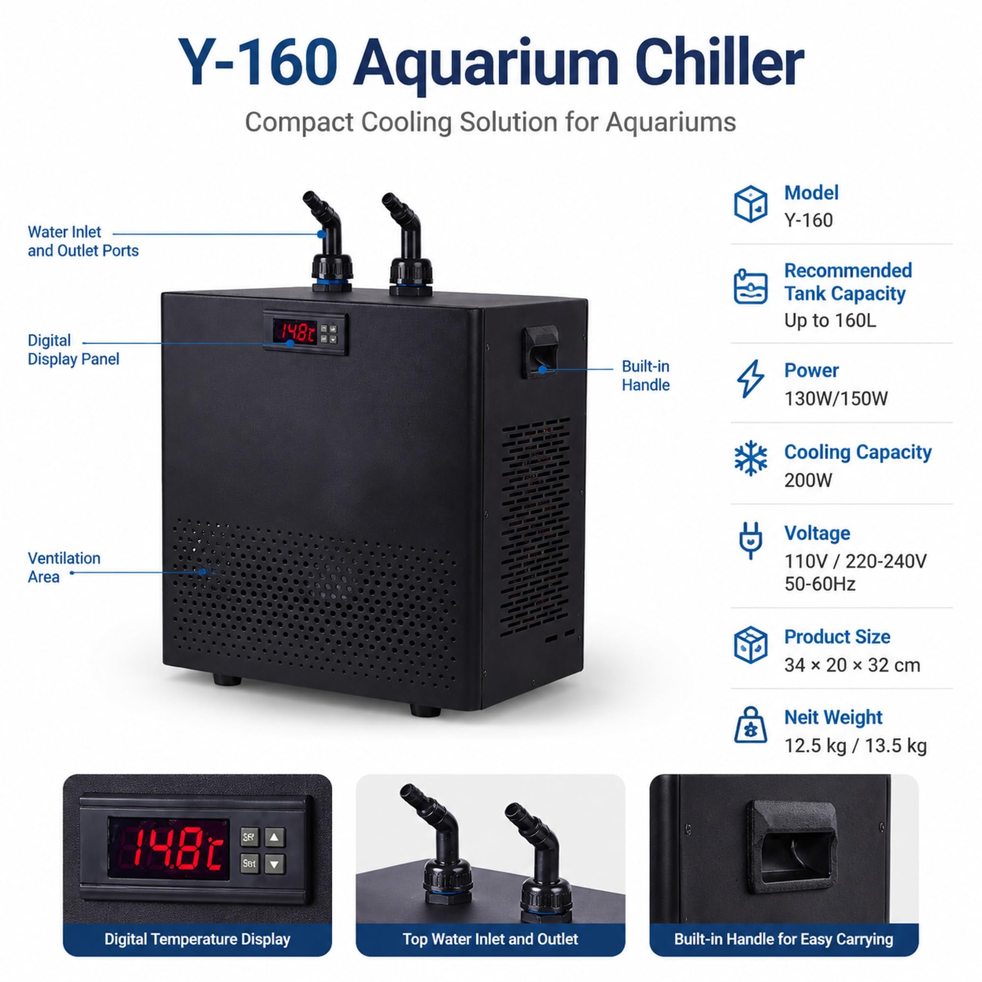 Enfriador de agua hidropónico de 160L, enfriador de acuario con bomba silenciosa y tubería de 3M, enfriador de pecera for agua dulce y salada(100L(26gal))