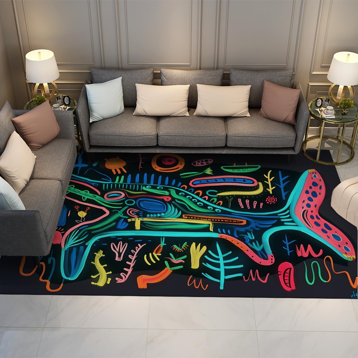 Tapis 140x200cm graffiti abstrait coloré noir pour descente de lit de chambre