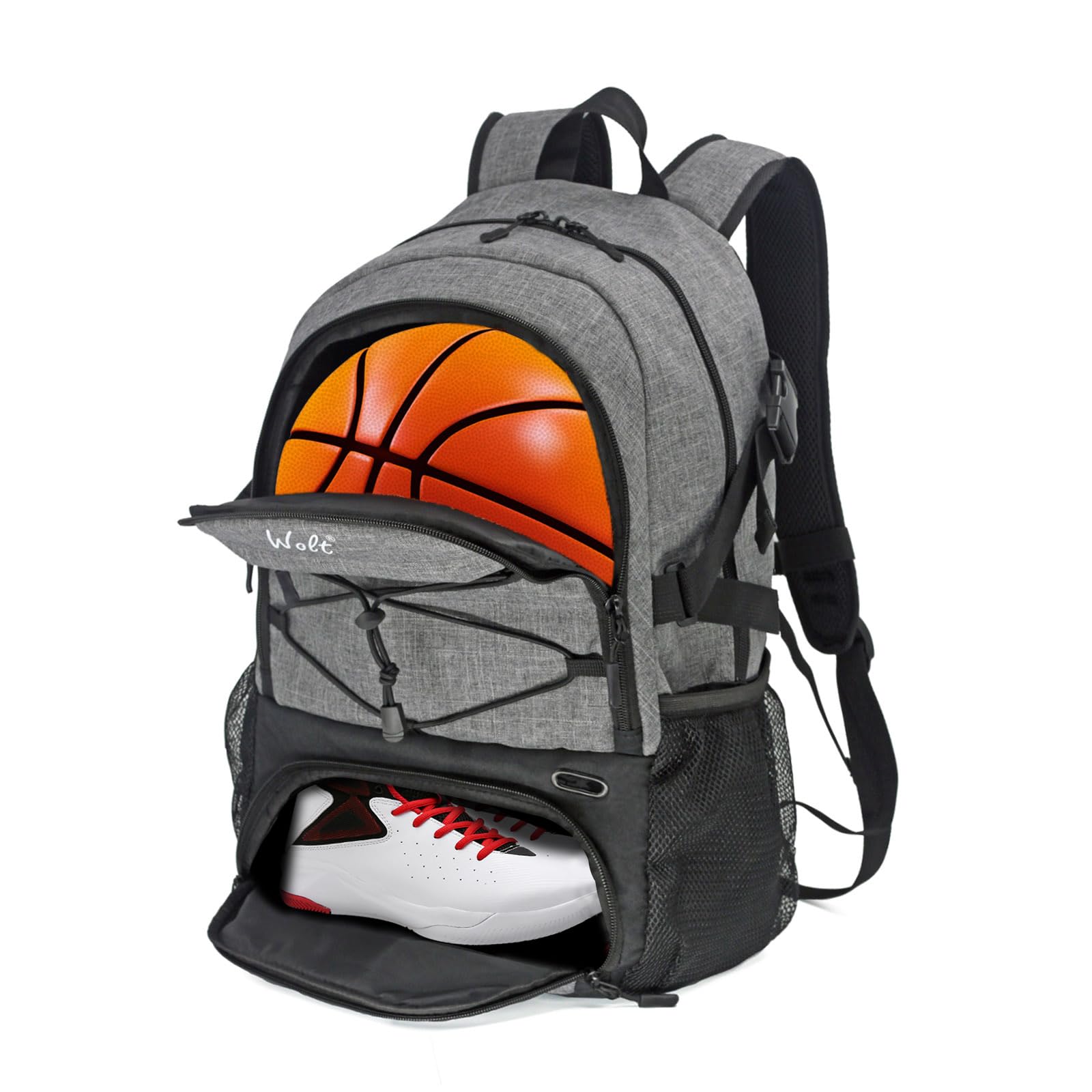 Football Bag with Boot Compartment Basketball Backpack with Ball Holder Sports Backpack with Water Bottle Pocket for Men and Women, Grey