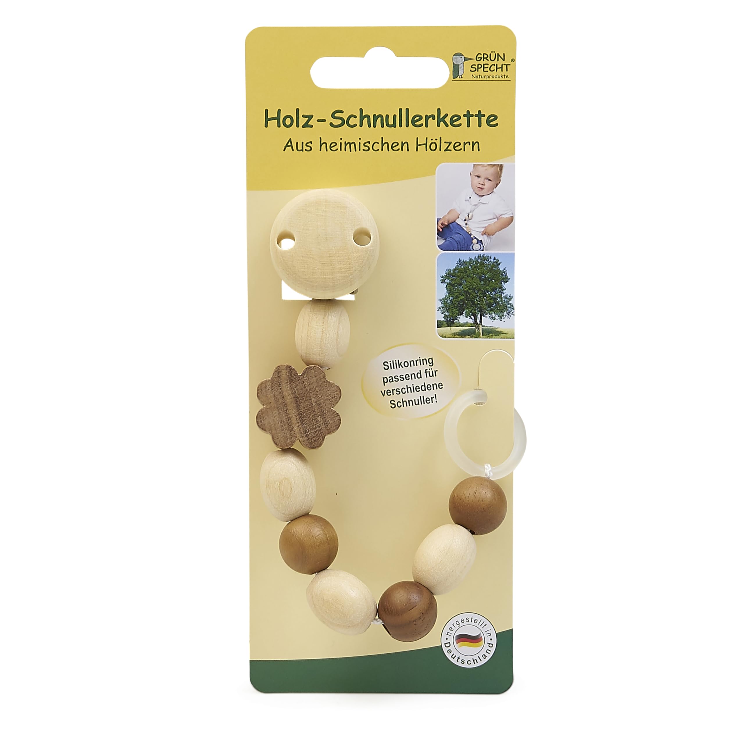 GRÜNSPECHT Schnullerband mit Holzelementen, für Jungen & Mädchen, handgemacht, beige/braun, mit Clip & Silikonring (595-V4)