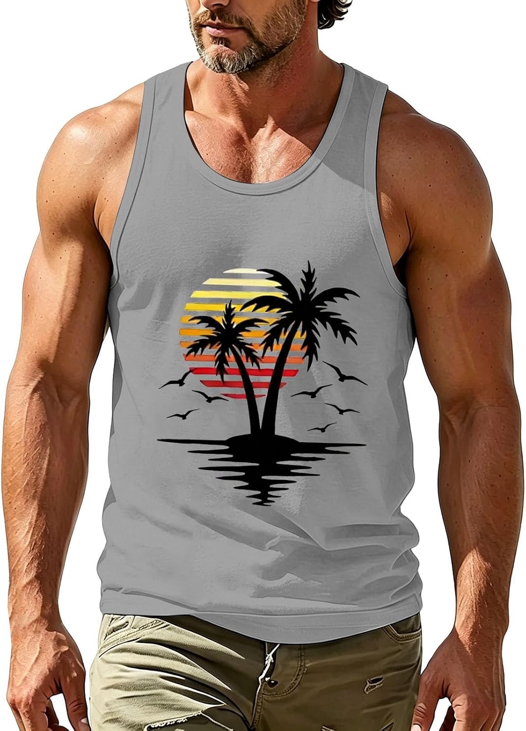Mens Graphic Tank Tops Sun Palm Tree Printed U Neck Sleeveless T Shirt Men Beach Vacation Vest Plus Size Summer Shirt