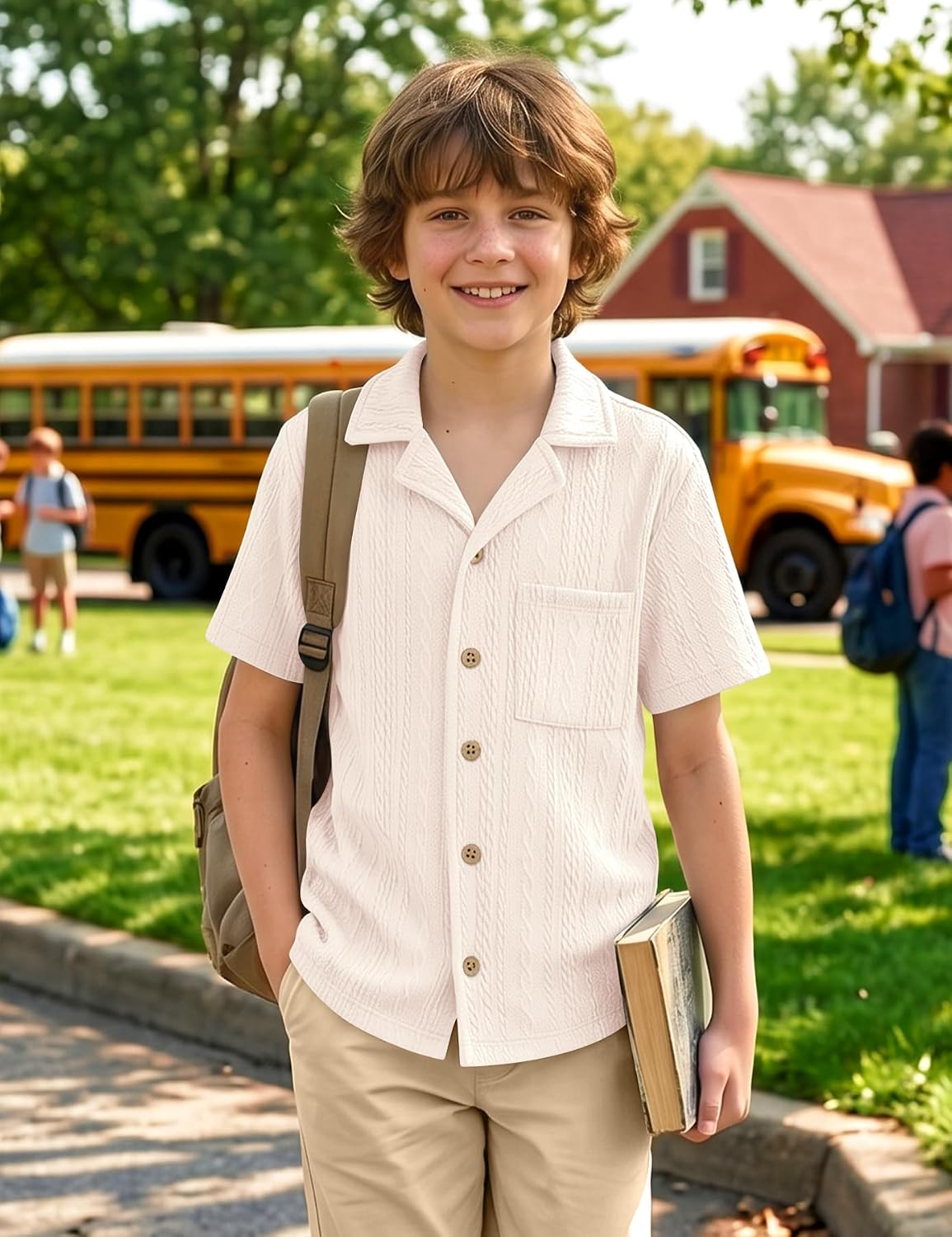 Boys Textured Rib-Knit Short Sleeve Button Down Shirt,Stretch Casual Cuban Collar Holiday Top with Pocket 5-14 Years