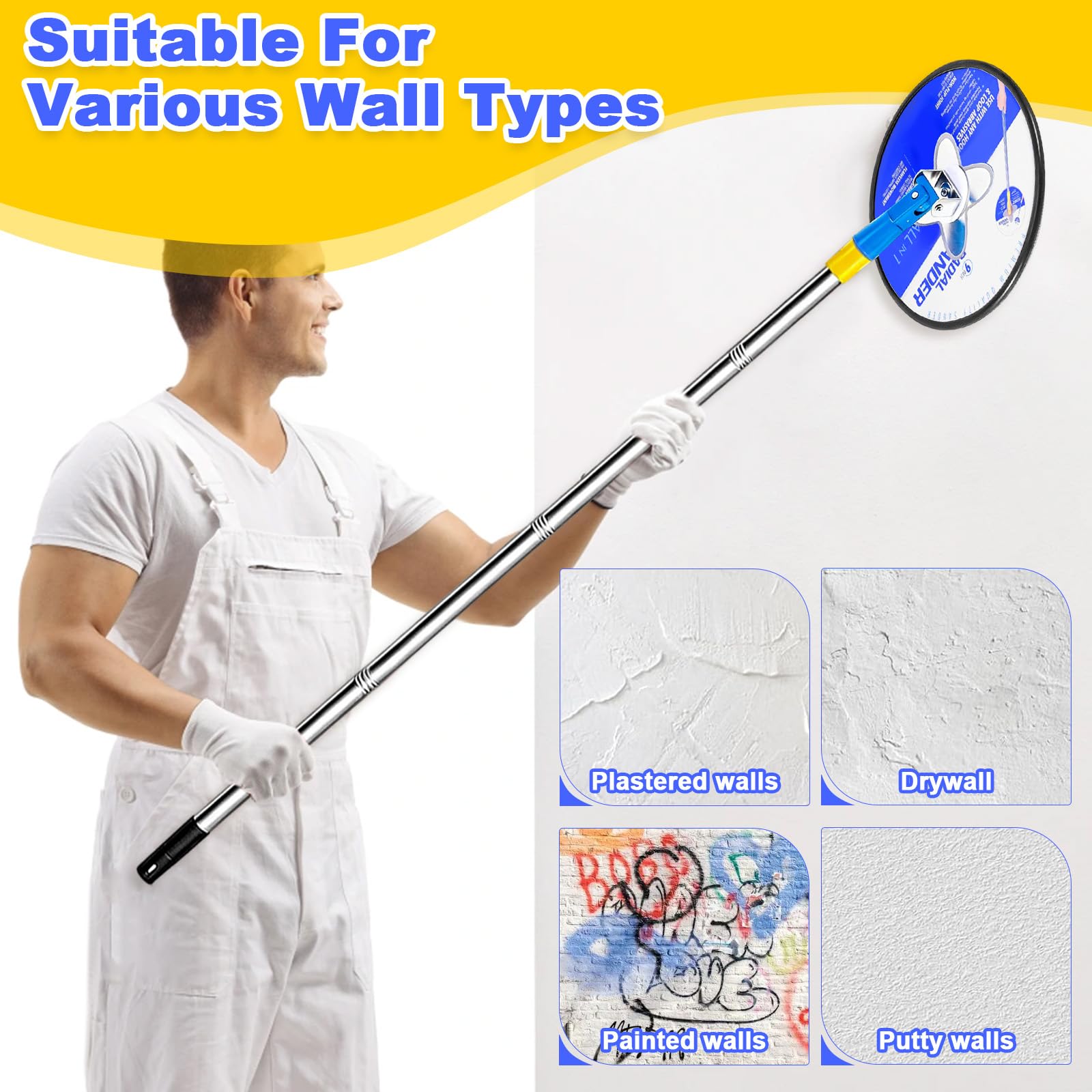 Ponceuse Plâtre avec Perche Telescopique & 10 Feuilles Abrasives, Tête Radiale Ronde Rotation 360 °, Outil Ponçage Extension 180 cm pour Cloison Sèche, Murs et Plafonds (Grain 80/120/150/180/240)