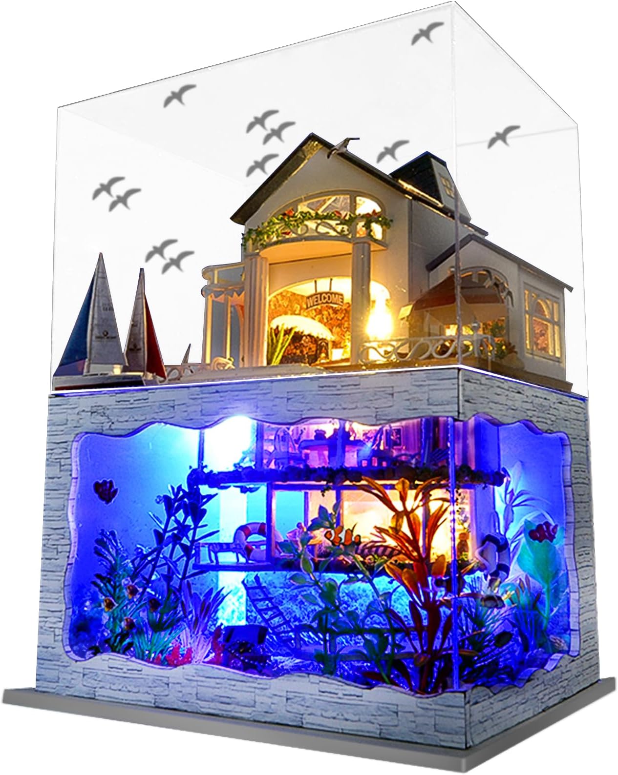 DIY Miniature Dollhouse Wooden Furniture Kit,Handmade Mini Modern Villa Model Plus with Dust Cover& Music Box,1:24 Scale Creative Doll House Toys for Children (Hawaii Impression)
