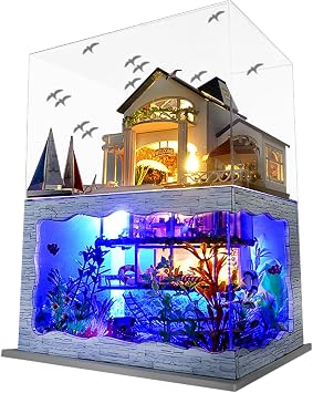 Spilay Diy Miniature House Kit, Wooden Dollhouse Kit with Furniture and Dust Cover & Music Box, 124 Scale Handmade Creative Christmas Birthday Gift for Lovers Hawaii Impression