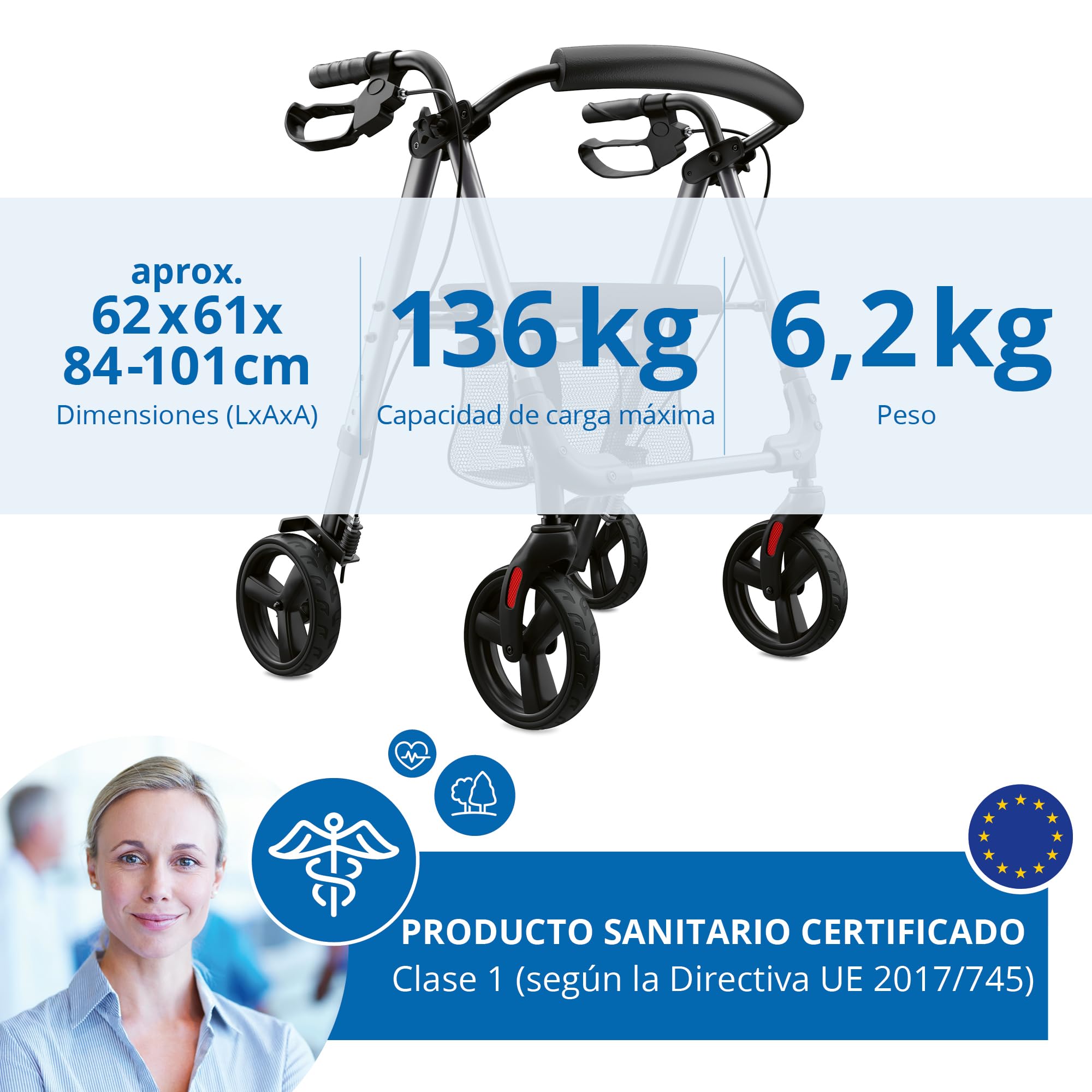 Weinberger Andador de aluminio Basic, plegable, con asiento, peso ligero, 6,2 kg, dispositivo médico clase 1, altura regulable, andador, andador, andador, andador de viaje, 46501