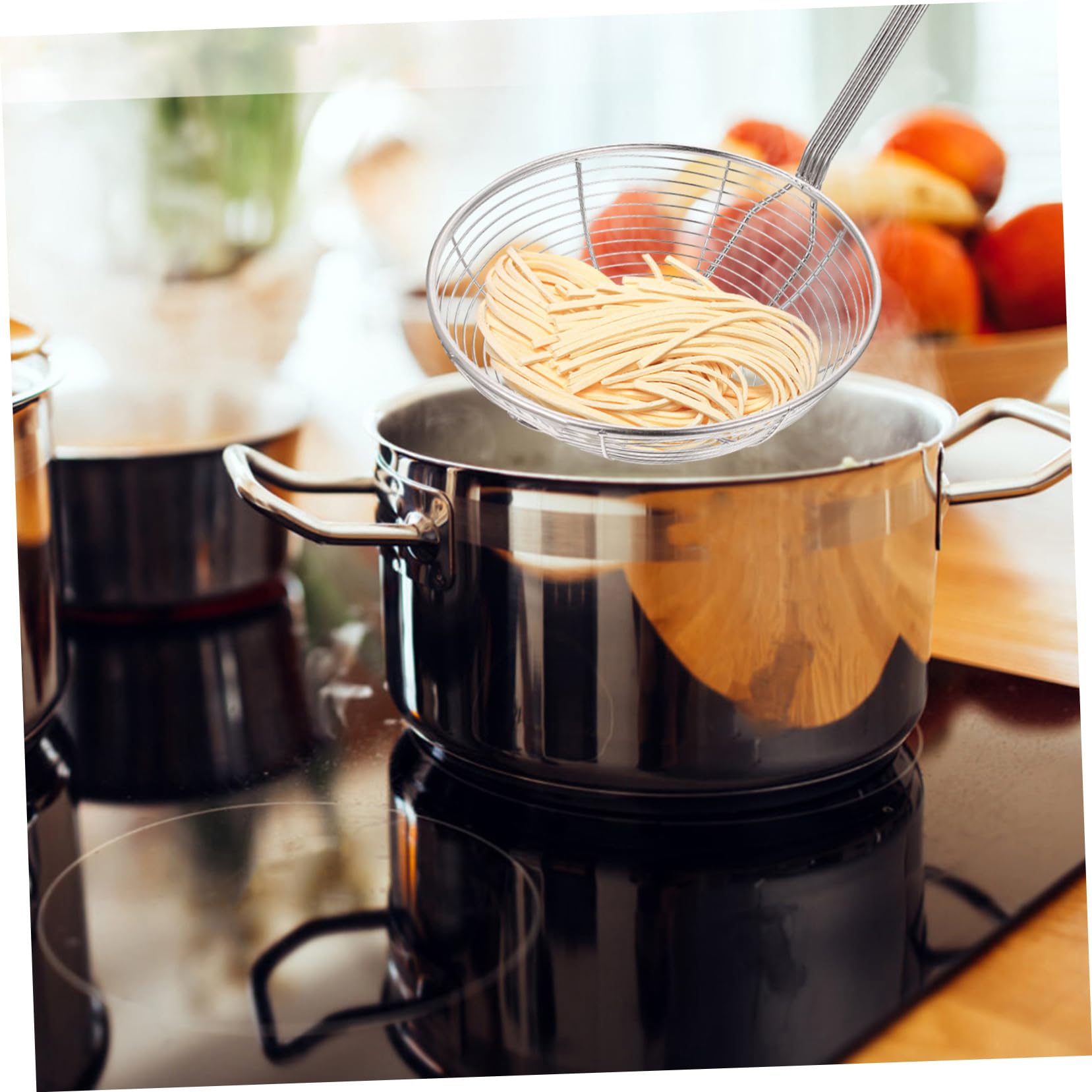 OUNONA 1Pc Stainless Steel Cooking Skimmer with Handle Wire Strainer for Soup Pasta and Frying Ergonomic Design for Easy Holding Kitchen Utensil Silver