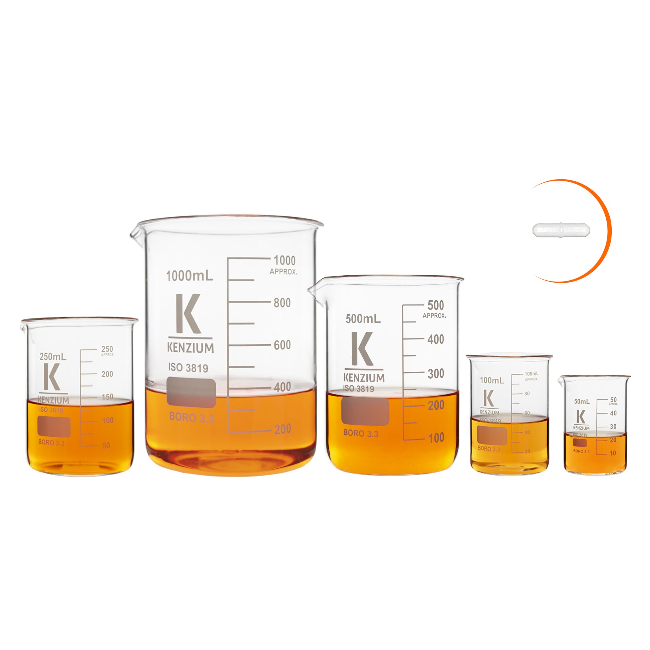 KENZIUM - Pack 5 x Vasos de Precipitados + 1 Varilla Magnética | 50, 100, 250, 500 y 1000 ml | Vidrio Borosilicato 3.3 | Forma Baja | Graduados, Con Boquilla | Alta Resistencia, Autoclavables