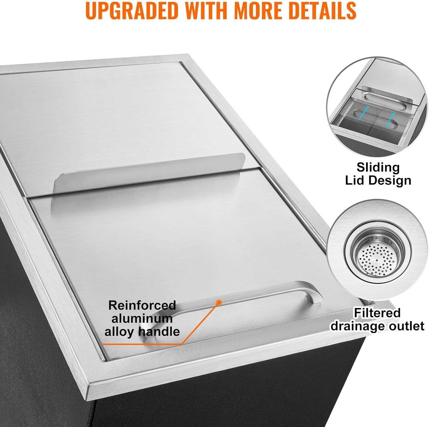 Drop in Ice Chest,18"Lx12"W x 14.5"H Stainless Steel Ice Cooler,Commercial Ice Bin with Sliding Cover, 40.9 qt Outdoor Kitchen Ice Bar,Drain-pipe and Drain Plug Included,compatible with Cold Wine Beer