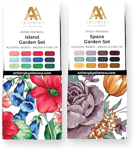 Altenew Island Garden & Space Garden Artist - Juego de 2 marcadores de alcohol recargables, 24 marcadores artísticos de doble punta para artes y