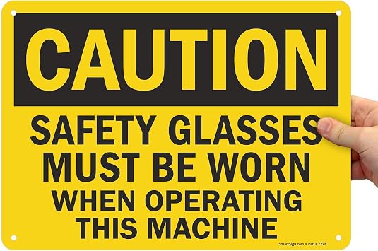 SmartSign 10 x 14 inch Caution - Safety Glasses Must Be Worn When Operating This Machine OSHA Sign, Digitally Printed, 55 mil HDPE Plastic, Black and Yellow