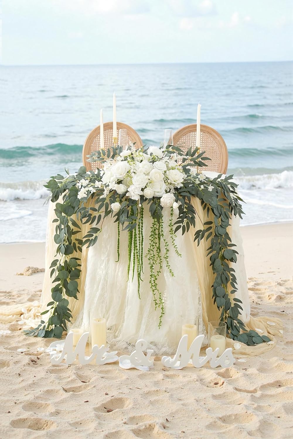 7.5FT White Sage Wedding Arch Flowers Garland, Rose &Eucalyptus, Artificial Spring Floral for Backdrop Mantle Decoration,Ceremony Party Sweetheart Head Table Reception Decor