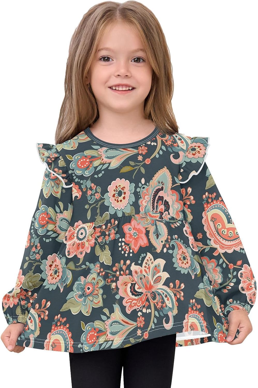 visesunny Toddler Clothes for Girls Bohemian Hand Painted Flower Long Sleeve Fall Shirts Cotton Top with Ruffle Collar