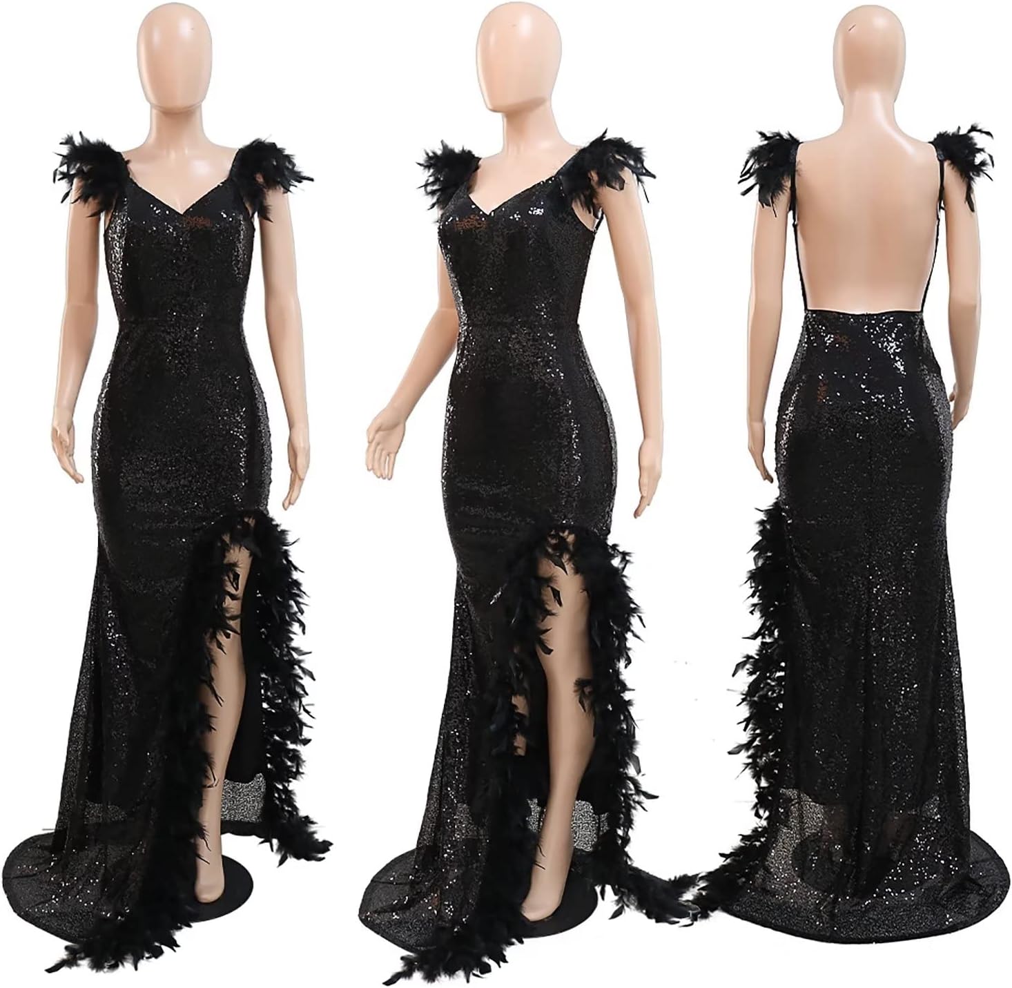 AlexQueen Women's Sexy Spaghetti Strap V Neck Mesh See Through Bodycon Sequin Gown Evening Dress with Slit - Image 4