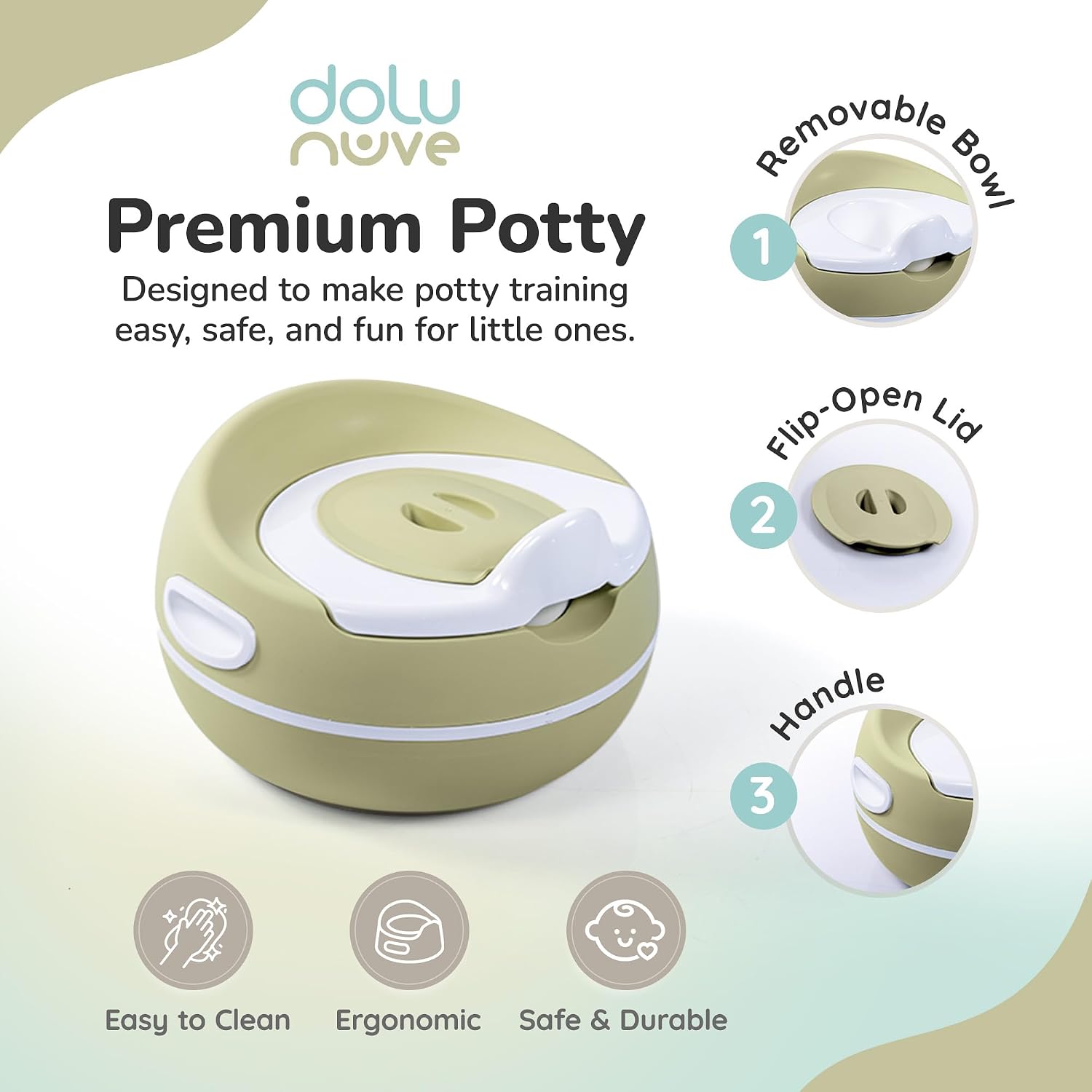 Dolu Nuve Premium Potty Training Seat for Toddlers, Portable Toilet Chair with High Backrest, Non-Slip Base and Removable Inner Bowl, Eco Green