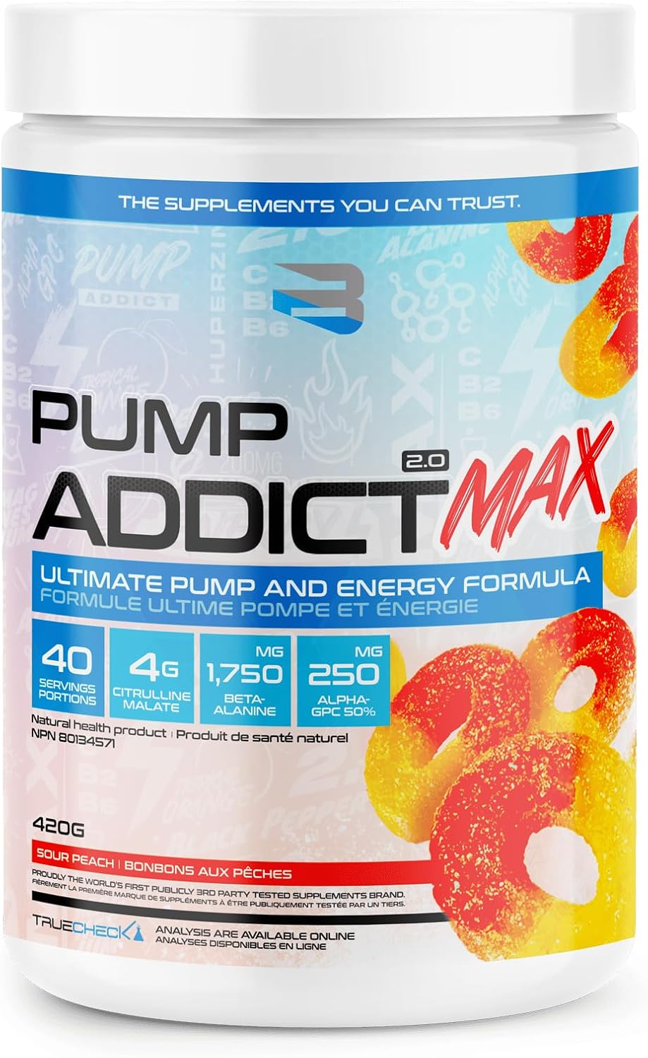 Believe Supplements - Pump Addict Max Pre-Workout Powder - Enhanced Energy, Focus, and Endurance (425 grams, Sour Peach)