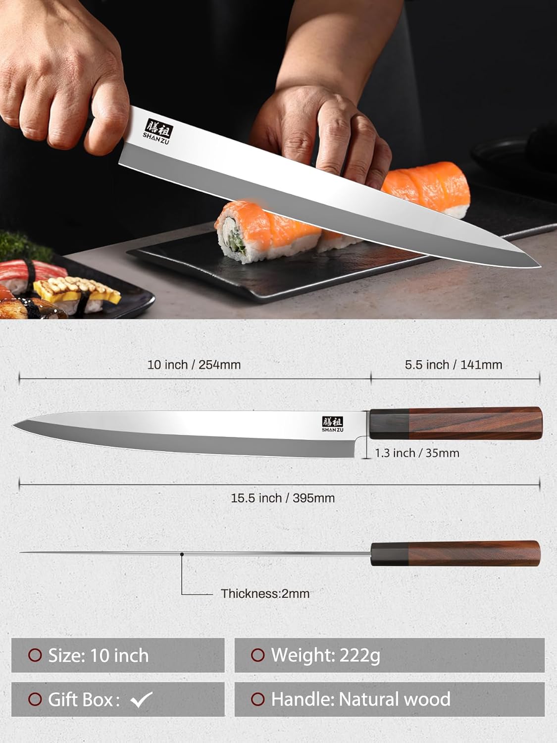SHAN ZU 10 Inch Sushi Knife, High Carbon Japanese Steel Sashimi Knife, Japanese Knives for Fish Filleting & Slicing, Sushi Making Knives with Red Sandalwood Handle - Image 4