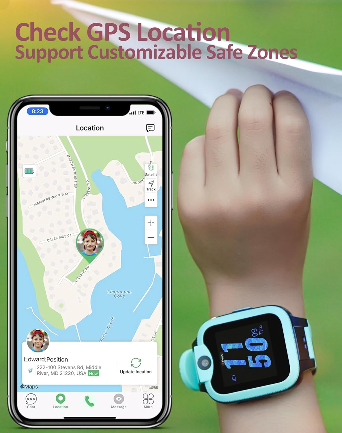 Smartwatch Easyfone Trackino KW2 al polso di un bambino, con uno smartphone che visualizza una mappa con la posizione GPS del bambino e una zona sicura.