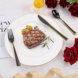 WDF 180 Pieces Black and Gold Plastic Silverware -Halloween Black Plastic Cutlery Incluede 60 Forks 60 Knives 60 Spoons Heavy Duty Disposable Flatware - Gold Utensils for New Year/Party/Daily Use