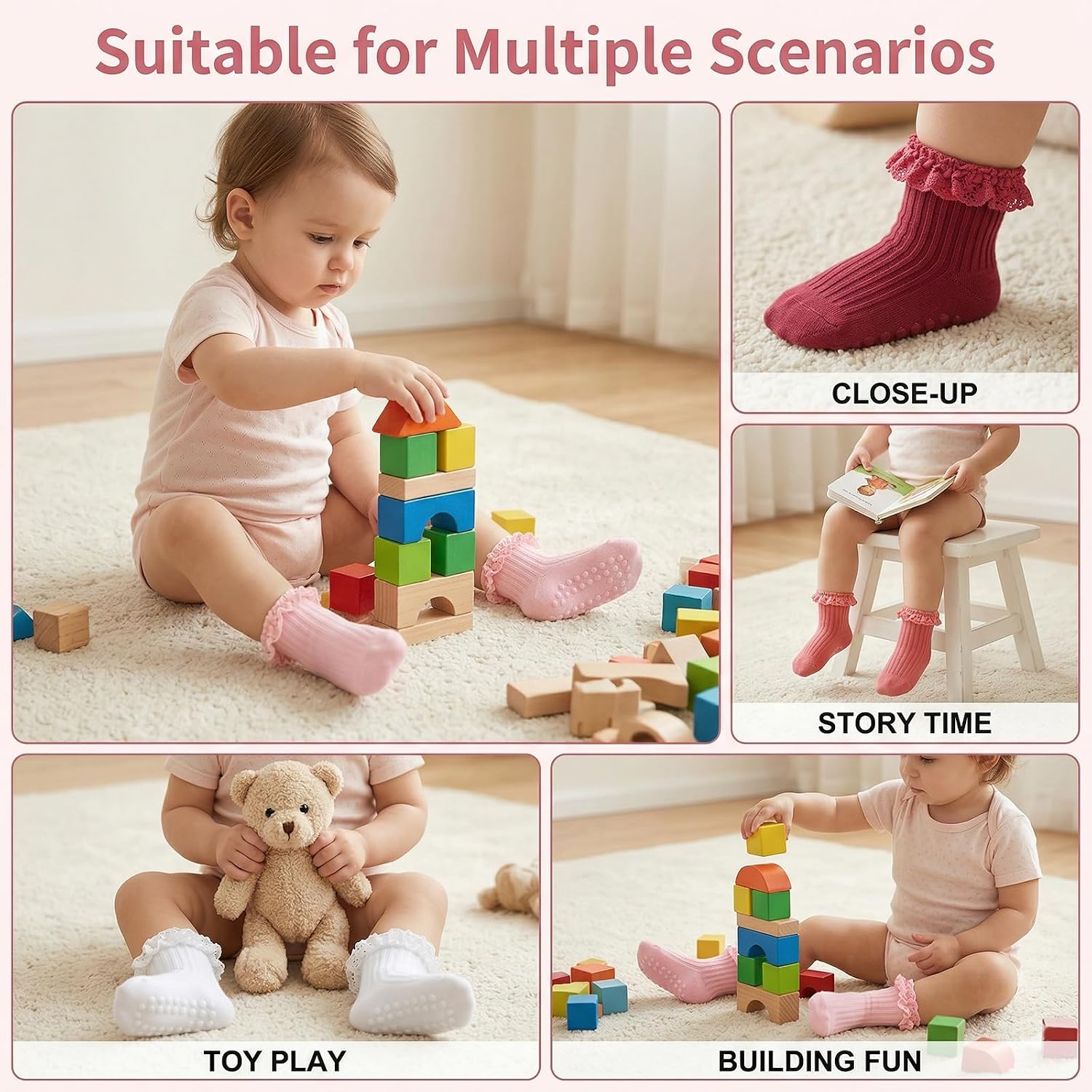 5 Pairs Baby Girls Socks Non Slip Ruffle Socks Cute Ankle Sock Comfort Frilly Grippy Sock for Newborn Infant Dress Shoes
