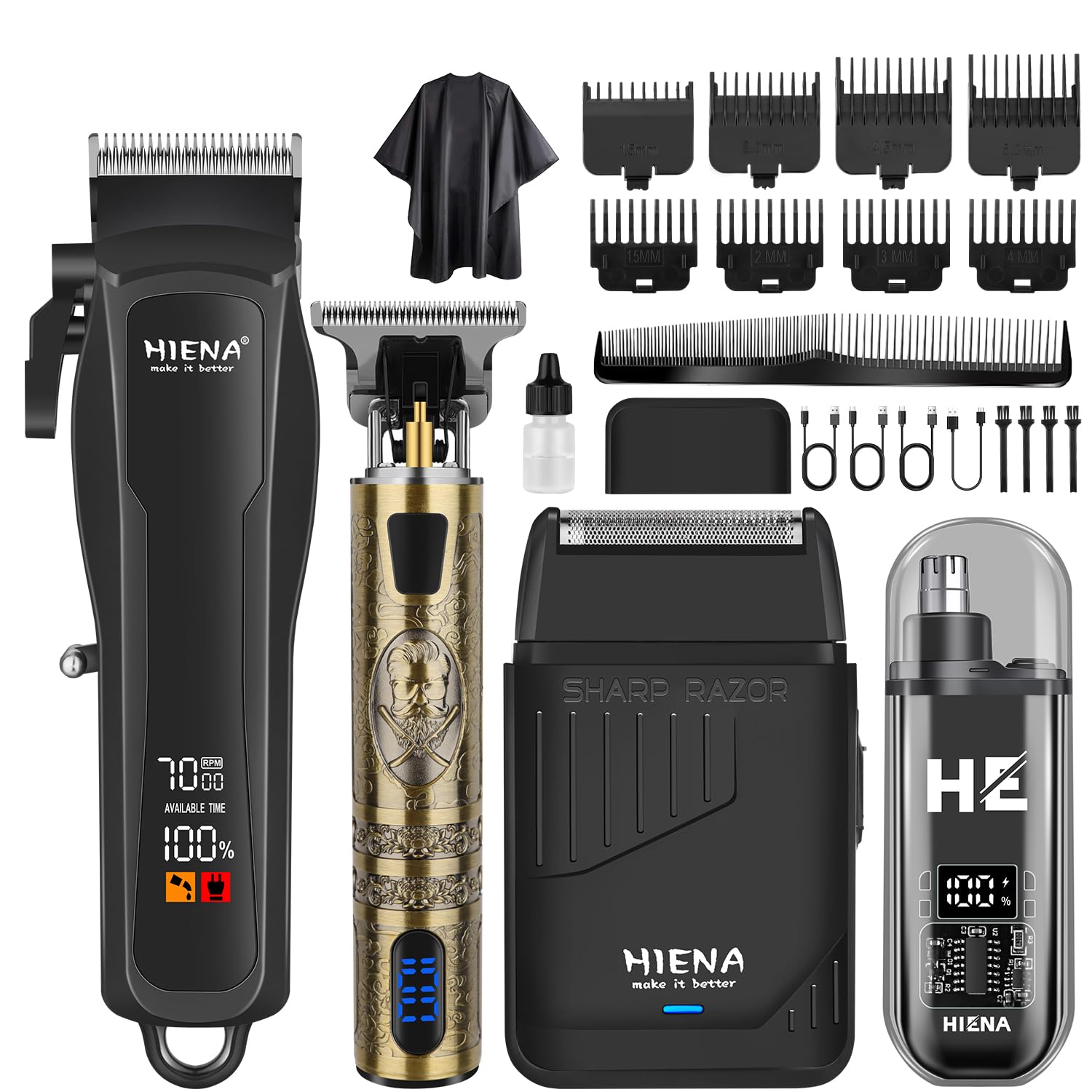 HIENA PRO Hair Clipper Set for Men, Cordless, USB Charging and LED Display