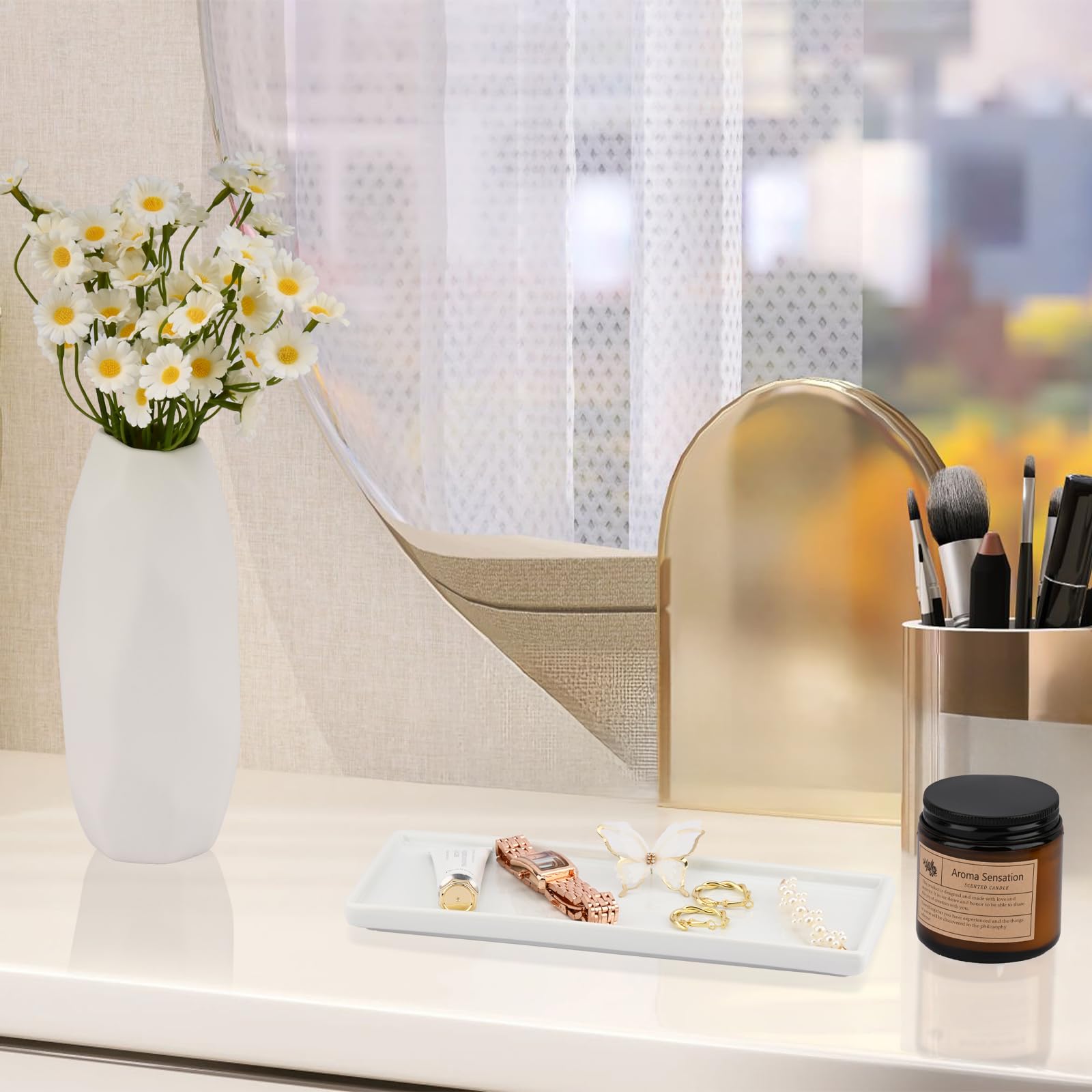 Ceramiczna Taca Łazienkowa, Biała Taca Na Ubranka, Taca Na Perfumy Do Komody, Dekoracyjna Taca Na Bibeloty, Prostokątna Taca Na Kosmetyki, Mydło, Świecę, Kuchenna (L)