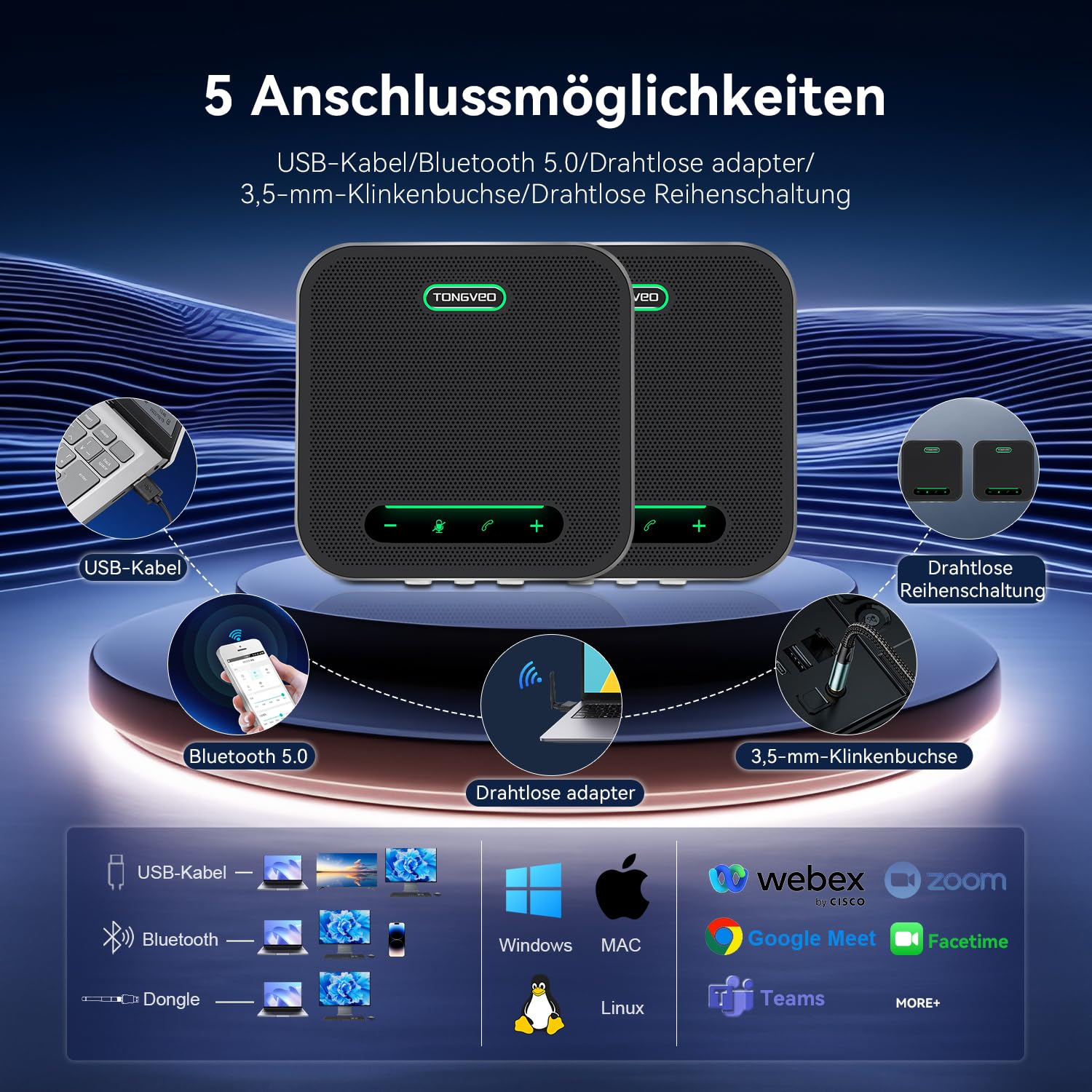 Bluetooth Konferenzlautspreche mit Mikrofon Set, 2pcs lautspreche mit Dongle, Drahtlose Erweiterungstechnologie, 12m Entfernung mit bis zu 20 Personen, für Große mittlere und kleine Besprechungen