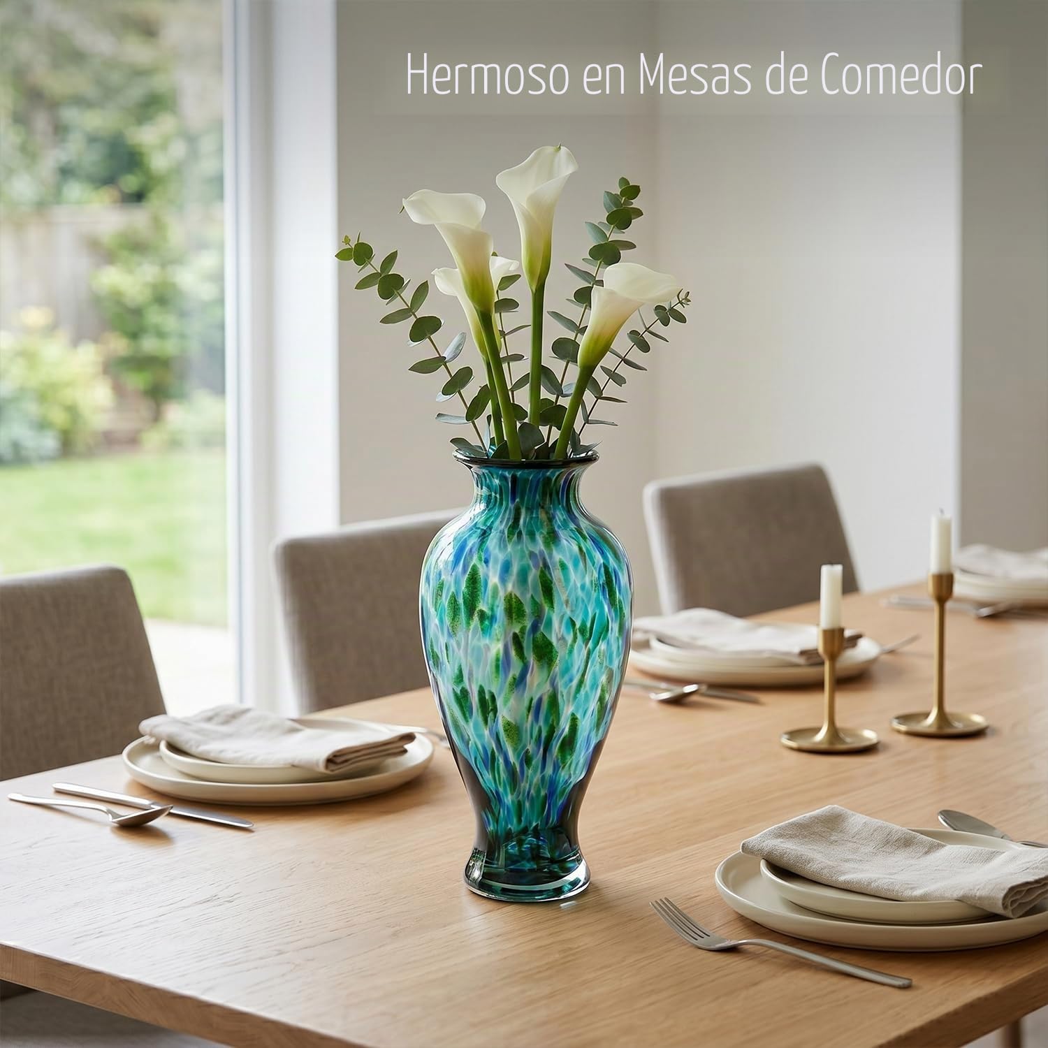 Jarrón de vidrio soplado a mano turquesa, 11.8 pulgadas de alto, boca ancha para centro de mesa, jarrones de flores coloridos de Murano para entrada del hogar