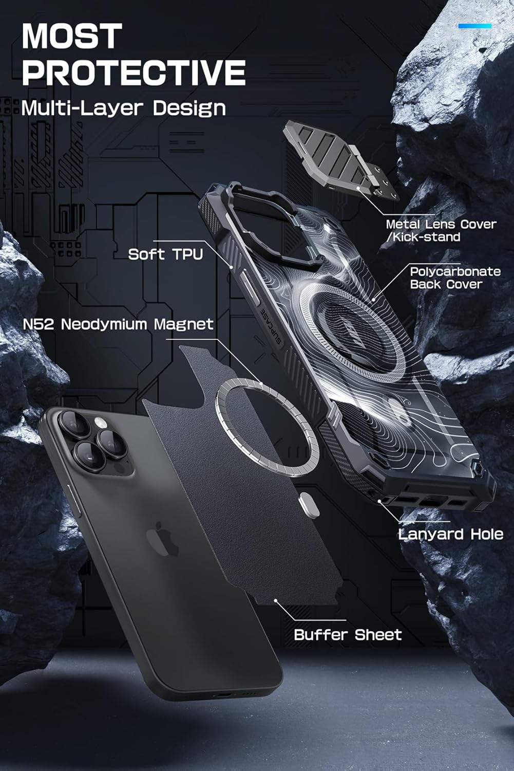 SUPCASE for iPhone 15 Pro Max Case with Camera Cover & Stand (UBMag XT) [Compatible with MagSafe] [Built-in Kickstand] [Military-Grade Protection] Heavy Duty Rugged Magnetic Phone Case, BlackRipple - Image 6