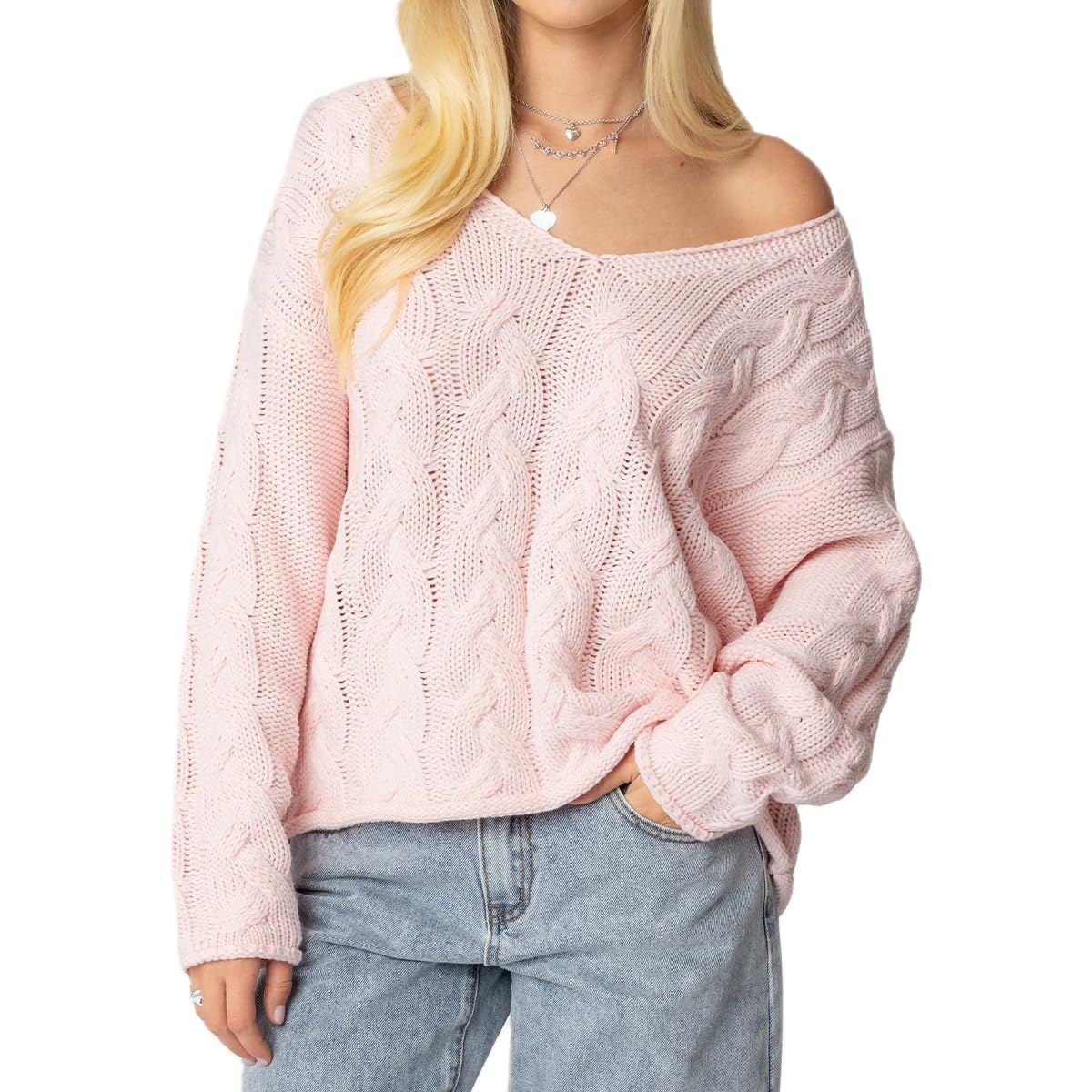 Women Y2K Oversized Cable Knit Sweater Coquette Deep V Neck Loose Fit Long Sleeve Pullover Top Cute Preppy