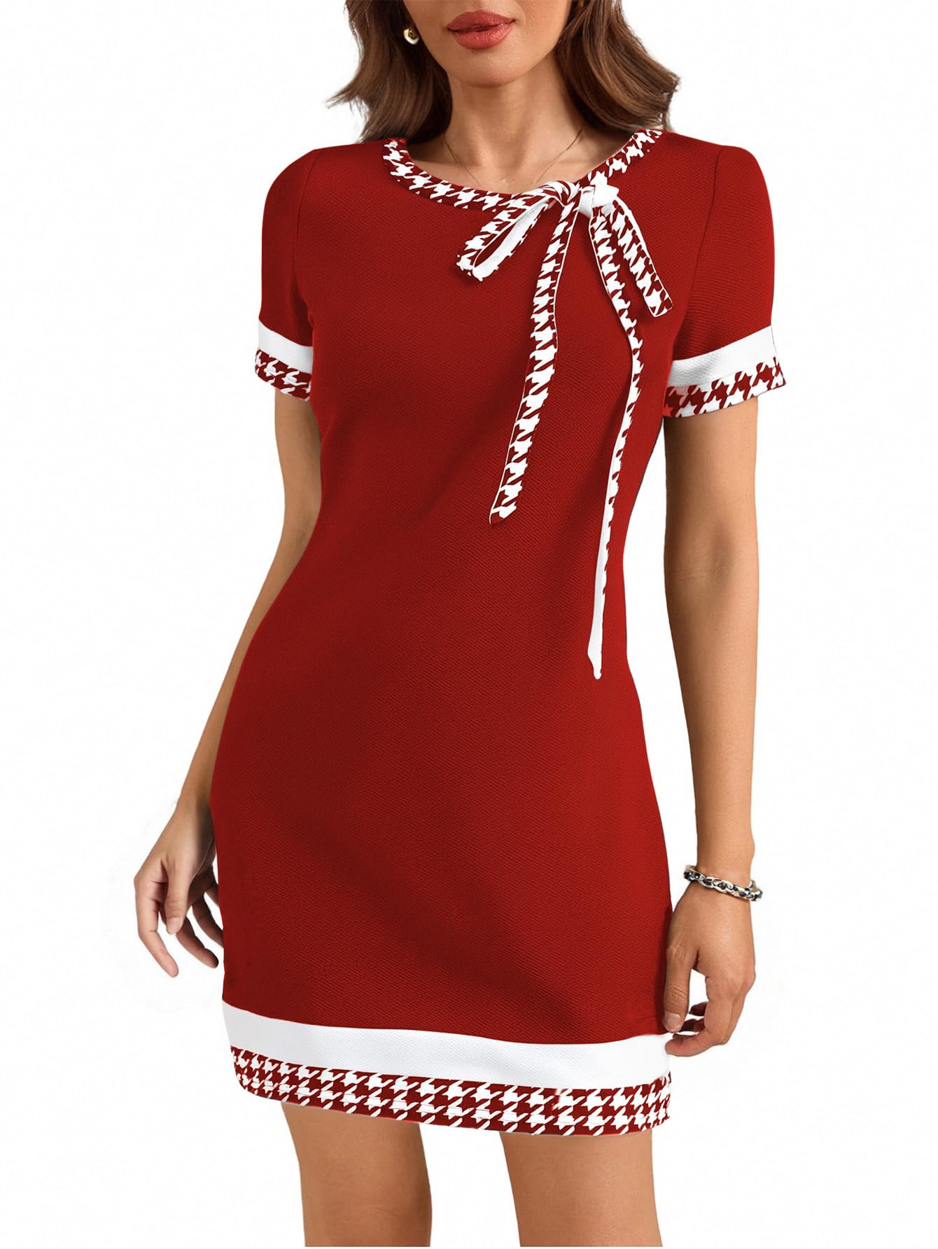 Womens Houndstooth Print Tie Front Dress Crew Neck Short Sleeve Color Block Business Mini Dresses