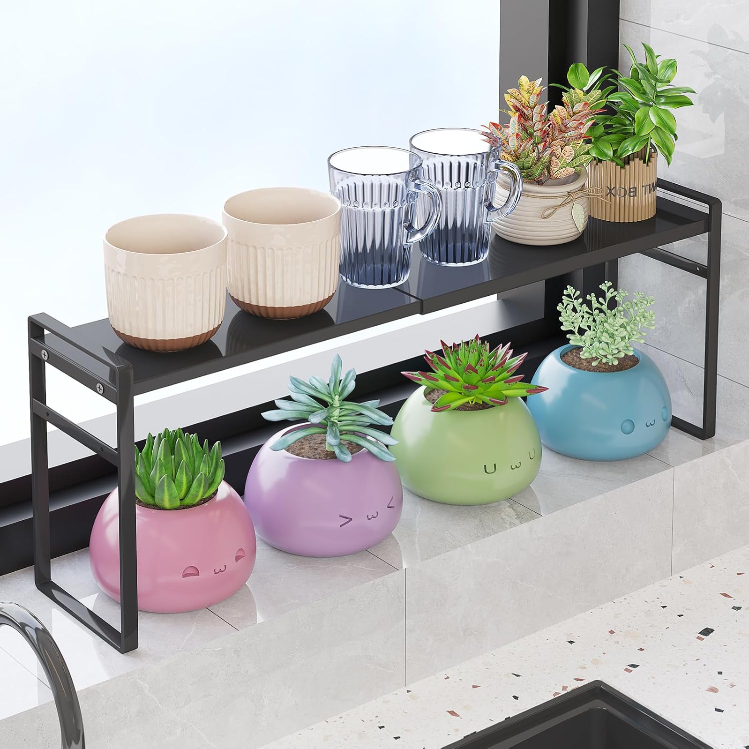 2 Pack Expandable & Stackable Shelf Organizer with Anti-Detach Buckle, for Over-Sink Storage, Kitchen Counter, Windowsill Plants & Bathroom Vanity — The Ideal Narrow Tall Solution for Tight Spaces