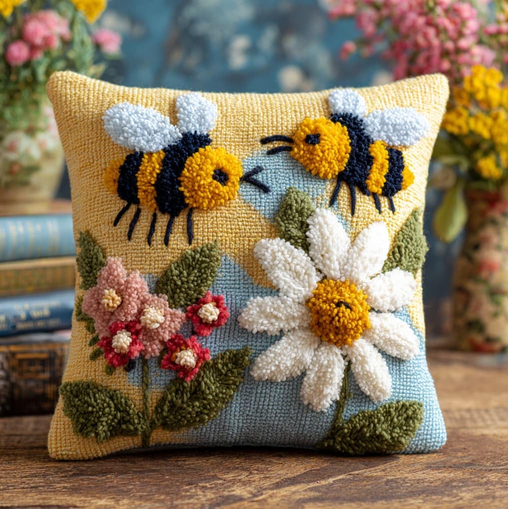 AxiangziK Latch Hook Pillow Kit 43x43cm,Bees and Flowers