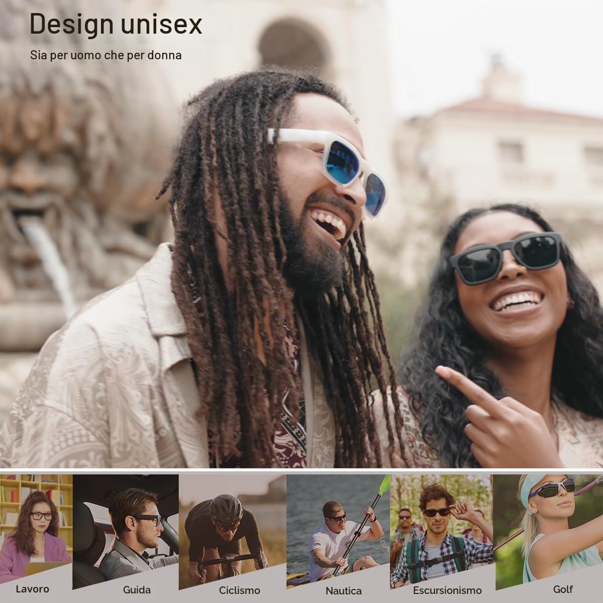 OhO Smart Glasses, occhiali da sole polarizzati con altoparlante Bluetooth, protezione UV atletica/all'aperto e controllo vocale, unisex (lenti grigie)