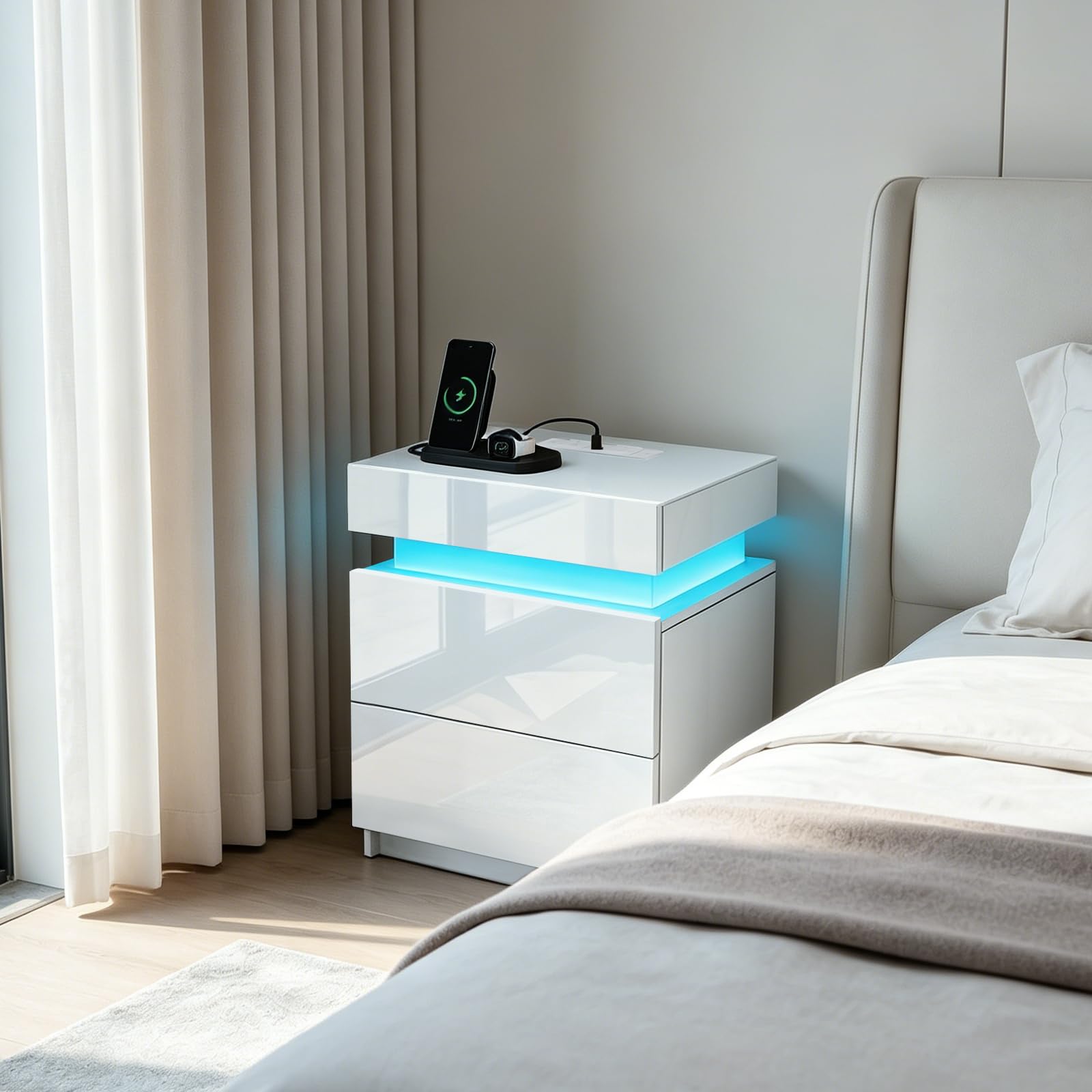 White Bedside Table with Charging Station LED Lights 2 Drawers Flip Top โ image 1