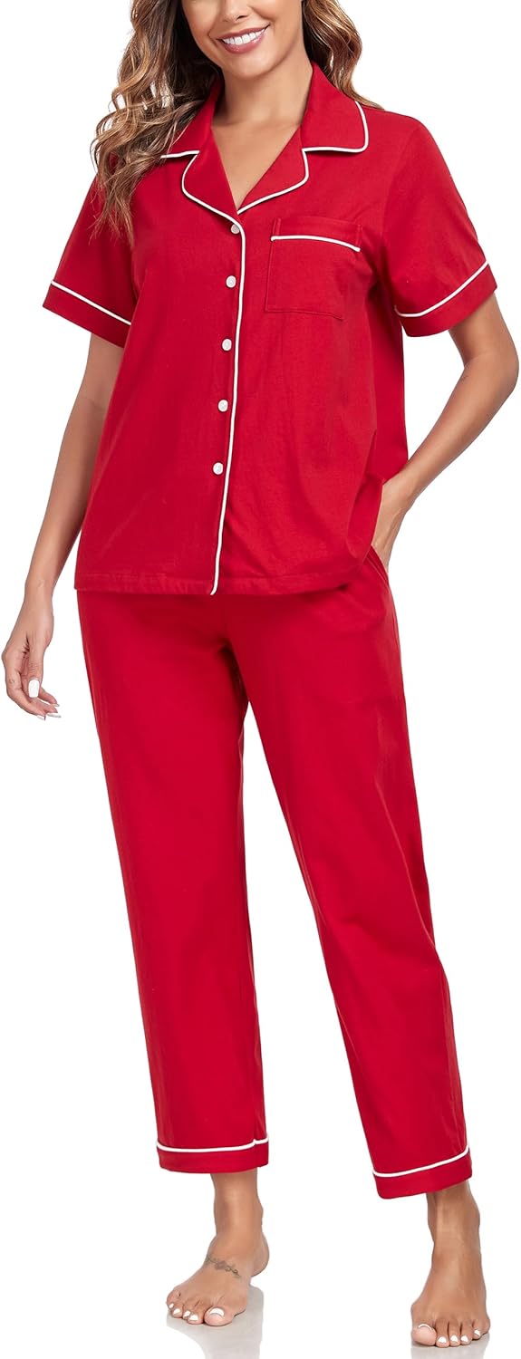 Womens 100% Cotton Pajama Sets Short Sleeve Shirt and Pajama Pants Soft Sleepwear B...