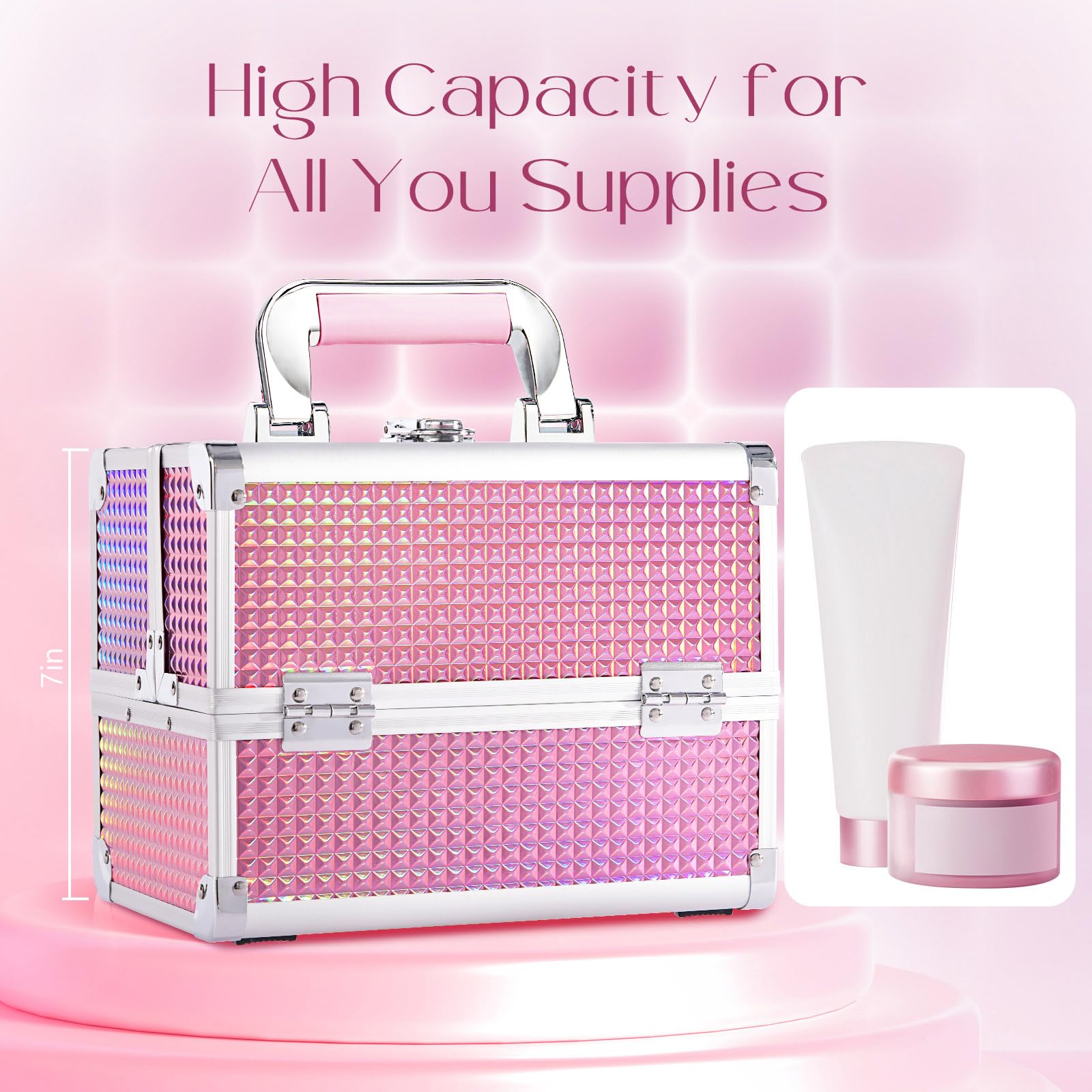 Valigetta Trucchi Beauty Case porta Trucco Valigia porta Trucchi Valigetta per Trucco Vassoi per Truccatore Custodia Cosmetica con Specchio, Rosa Olografico