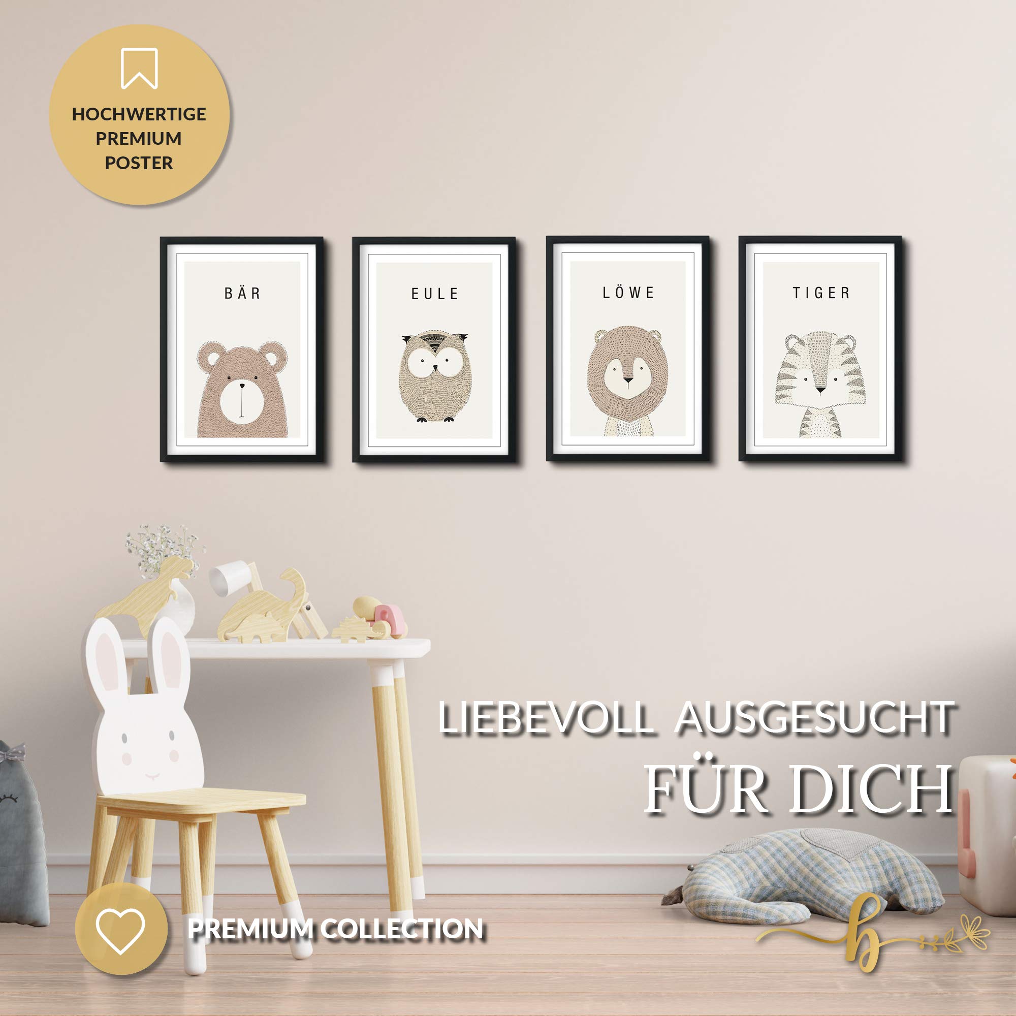 bilderreich Juego de 4 pósteres decorativos para habitación de bebé, niño o niña, cuadro infantil para la pared, 4 imágenes enmarcadas en marco de madera negro, 4 x DIN A4, animales