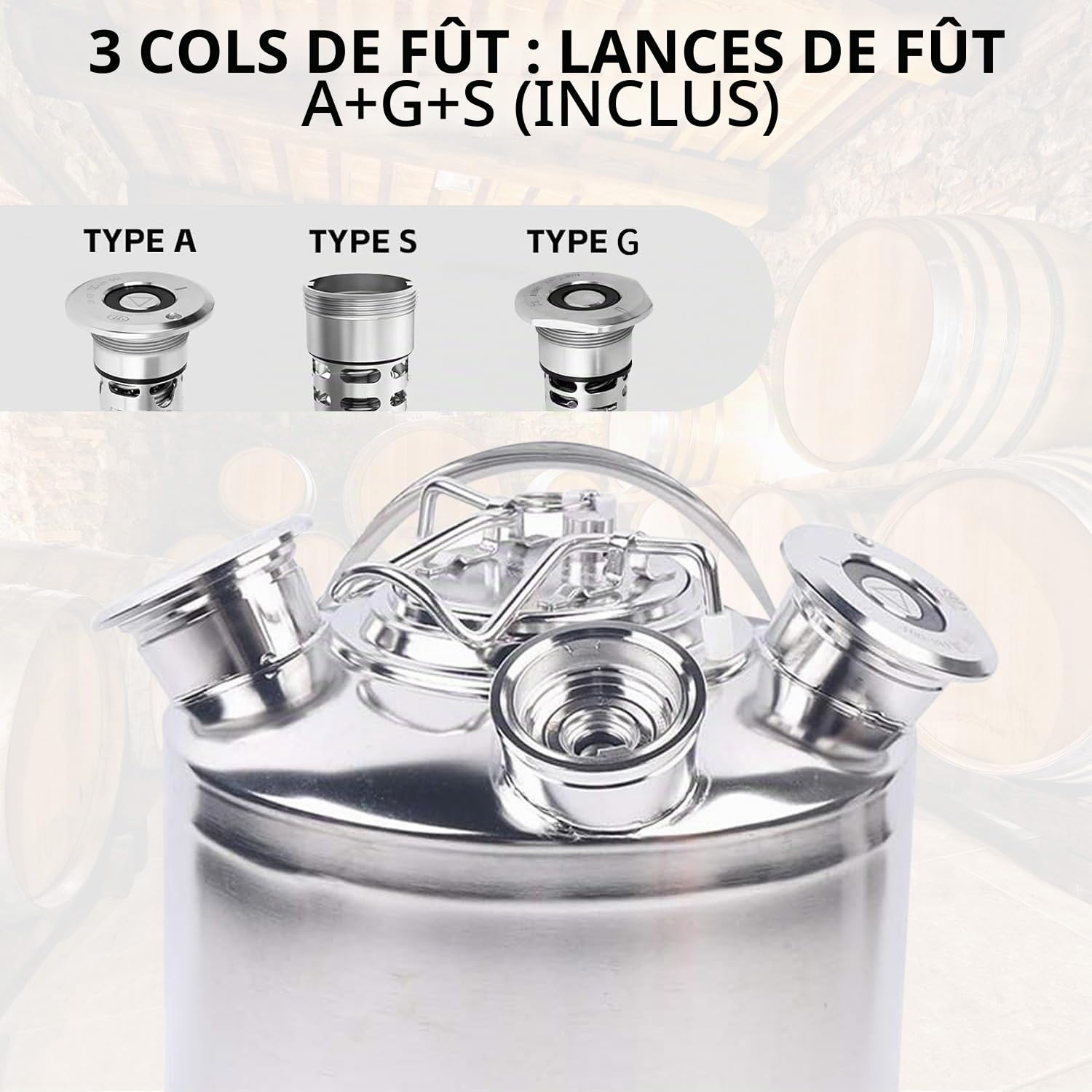 Fût de Nettoyage de Bière, 10L Acier Inoxydable Tonneau de Nettoyage Dde Bière à 3 Têtes avec Couvercle, Adapté aux Lances de fût de Type A, G, S, pour Bar d'hôtel, Brassage à Domicile