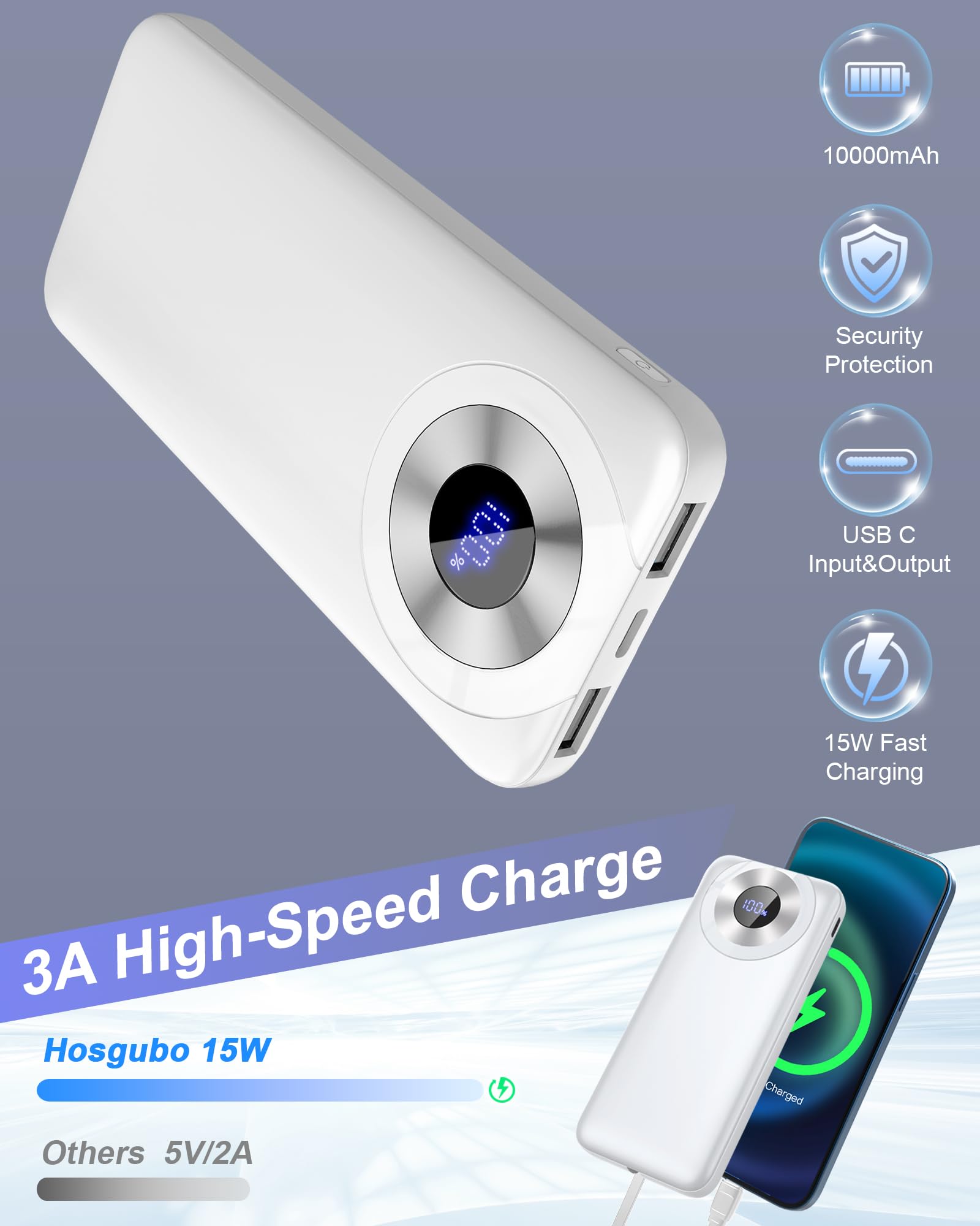 Hosgubo Power Bank 10000mAh, Portable Charger with Built in Cable 5V/3A High-Speed Charging, 4 Output 2 Input LED Display Slim Powerbank for iPhone 15/14/13, Galaxy S23/22, Tablet and etc