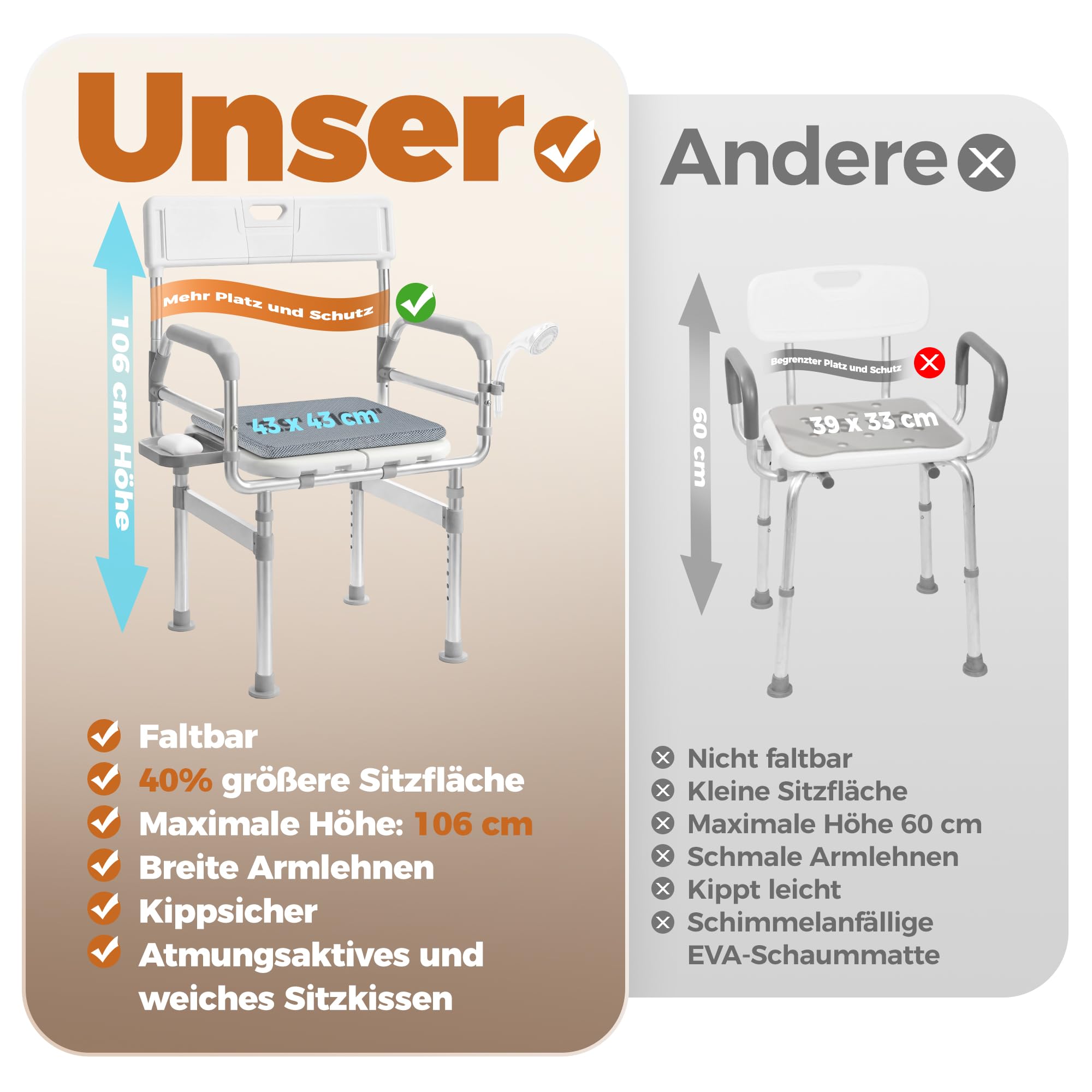 Duschstuhl klappbar Senioren mit Armlehnen, Duschkissen, bis 200 kg, XXL | Duschhocker mit Rückenlehne, 6-fach höhenverstellbar, extra breite Sitzfläche, erhöhte Sitzhöhe für Dusche und Badewanne
