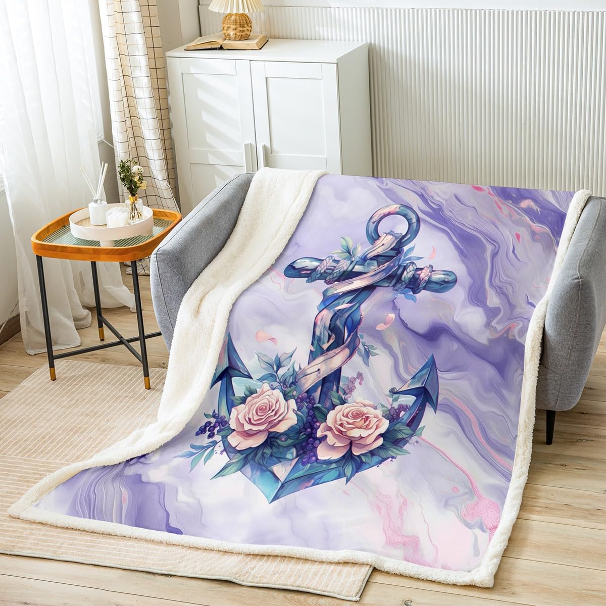Nautical Anchor Throw Blanket for Kids,Purple Pink Marble Fleece Throw Blanket for Bedroom Sofa Dorm Decor,Watercolor Flower Lightweight Bed Blanket,40 x 50 Inches