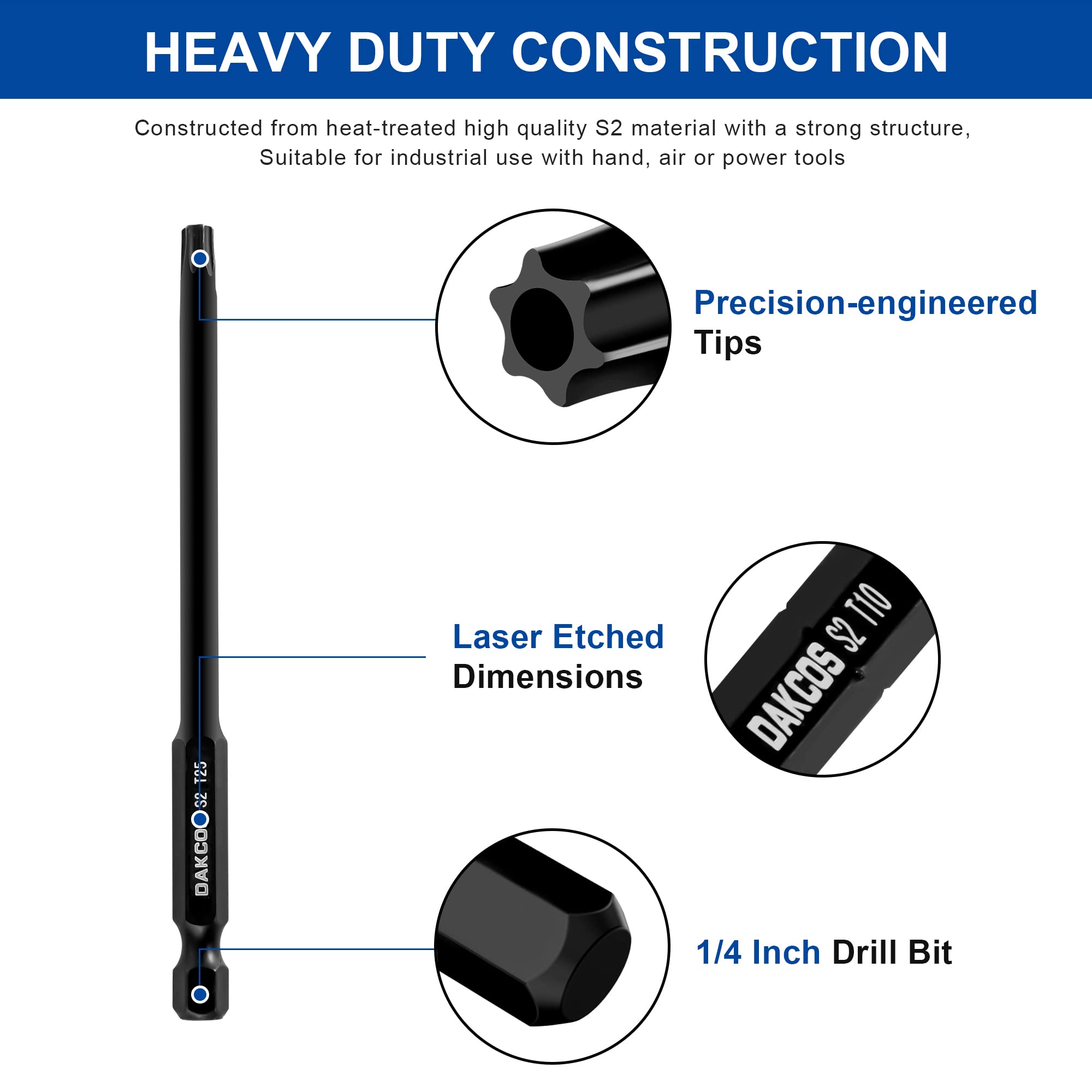 DAKCOS T6 - T40 zestaw bitów Torx odporny na manipulacje, 11-częściowy zestaw bitów Security Star, długość 100 mm, stal stopowa Premium S2